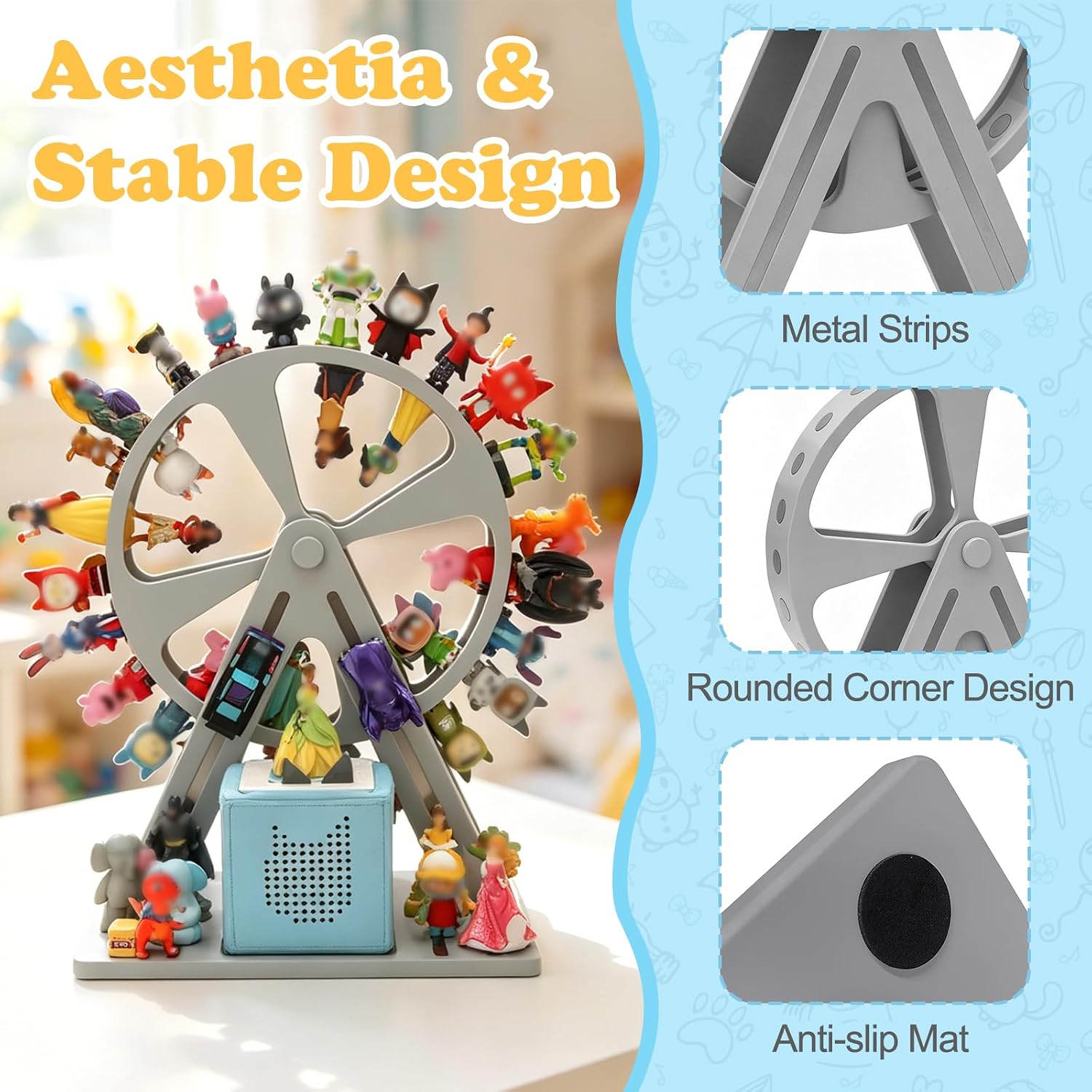 for Tonies Box Organizer Storage Shelf 360° Ferris Wheel, Magnetic Floating Shelves for Generation 1 & 2 Player Tonies Figures Characters, Display Collection 50~70 Characters Gray