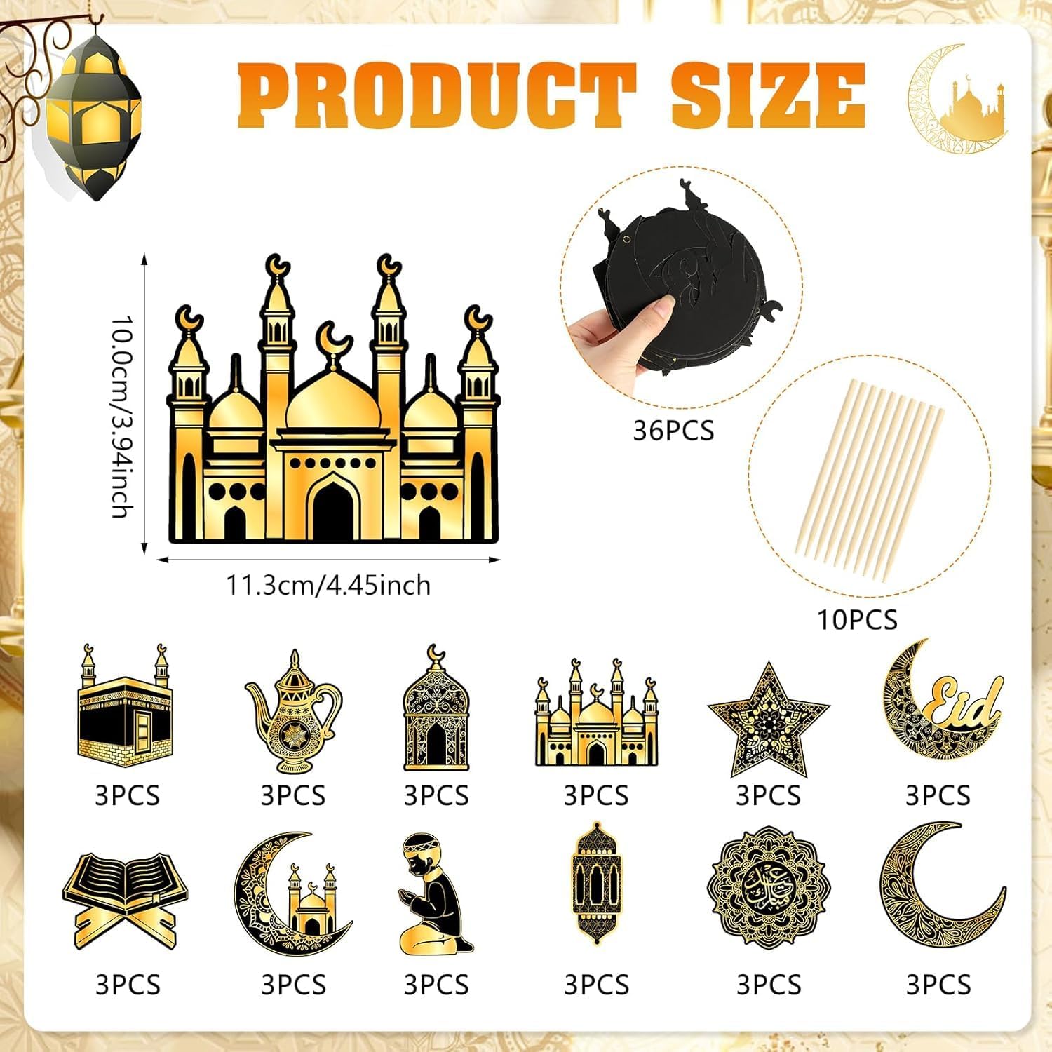 HOWAF 36pcs Eid Mubarak Scratch Cards Art Kit, Eid Gift Scratch Off Hanging Card for Eid Holiday Activity School DIY Drawing Project Supplies, Eid Islamic Gifts Paper Crafts Decorations Black Gold