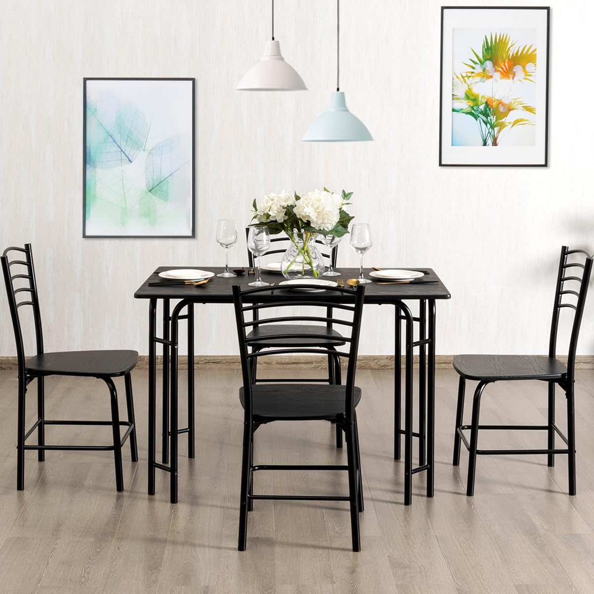 HOMASIS Set da Pranzo con 1 Tavolo e 4 Sedie in Legno, Tavolo Rettangolare con Sedie Ergonomiche, 107 x 70 x 75 cm, Nero