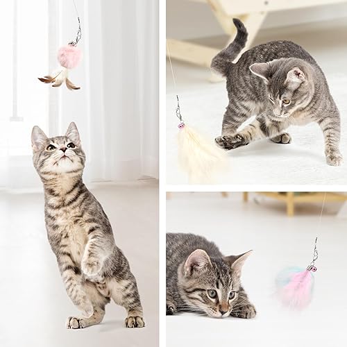 Miniatura 5 de SONGWAY Juguetes interactivos de plumas para gatos, juego de 7 juguetes para gatos de interior, varita retráctil con recambios de juguete de cola de