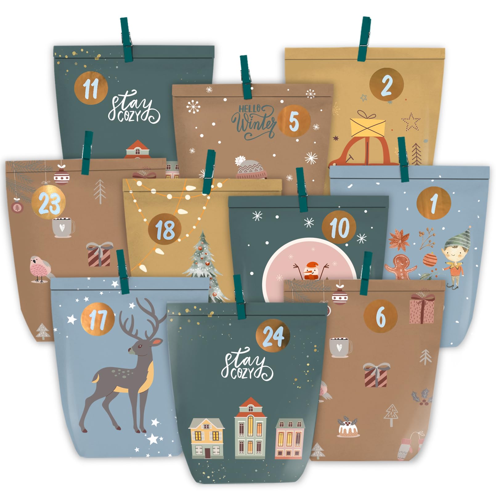 KOHMUI Adventskalender zum Befüllen, 24 DIY Advents Tüten zum Selber Basteln, Geschenk Papiertüten zum selbst füllen, Weihnachtskalender Selbstbefüllen mit Zahlen Aufkleber