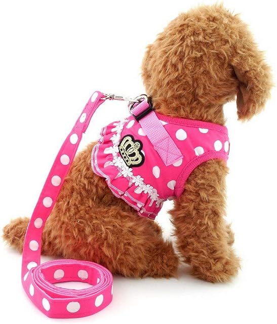 SELMAI Puppy Cat Girl Dog Ruffles Polka Dots Small Dog Vest Harness Lead Set Mesh Padded No Pull Pink S