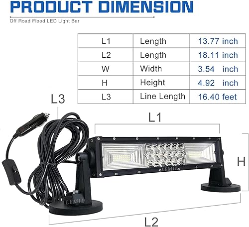 Miniatura 2 de LEMIL Barra de luz magnética de 13 pulgadas 180 W, barra de luz LED para encendedor de cigarrillos, enchufe de punto de inundación, combo de luz de