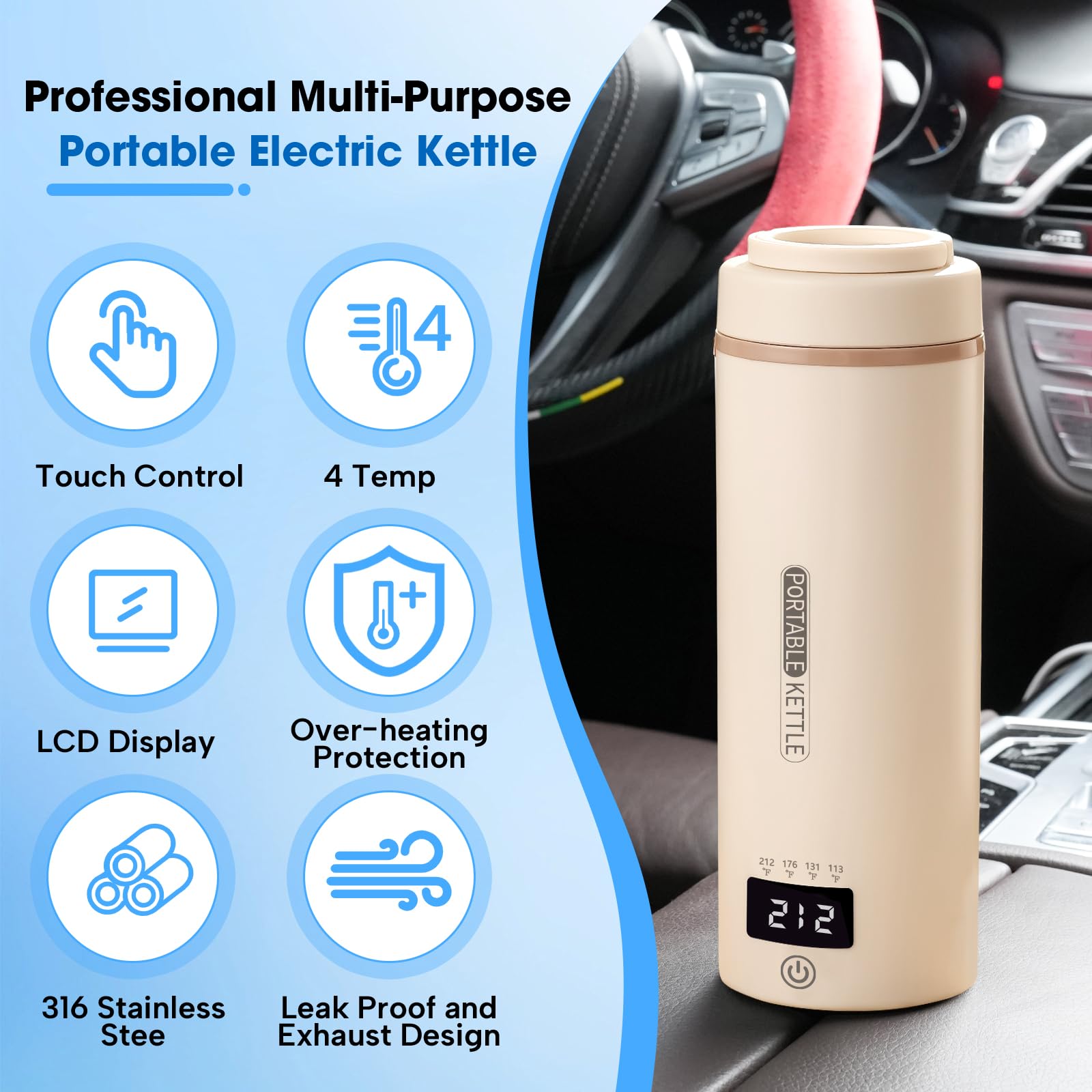 Car Kettle Water Boiler 12V - Travel Kettle Portable Electric Kettle 500ml, 4 Adjustable Temperature for Coffee Tea Heater, 316 Stainless Steel (Cream)