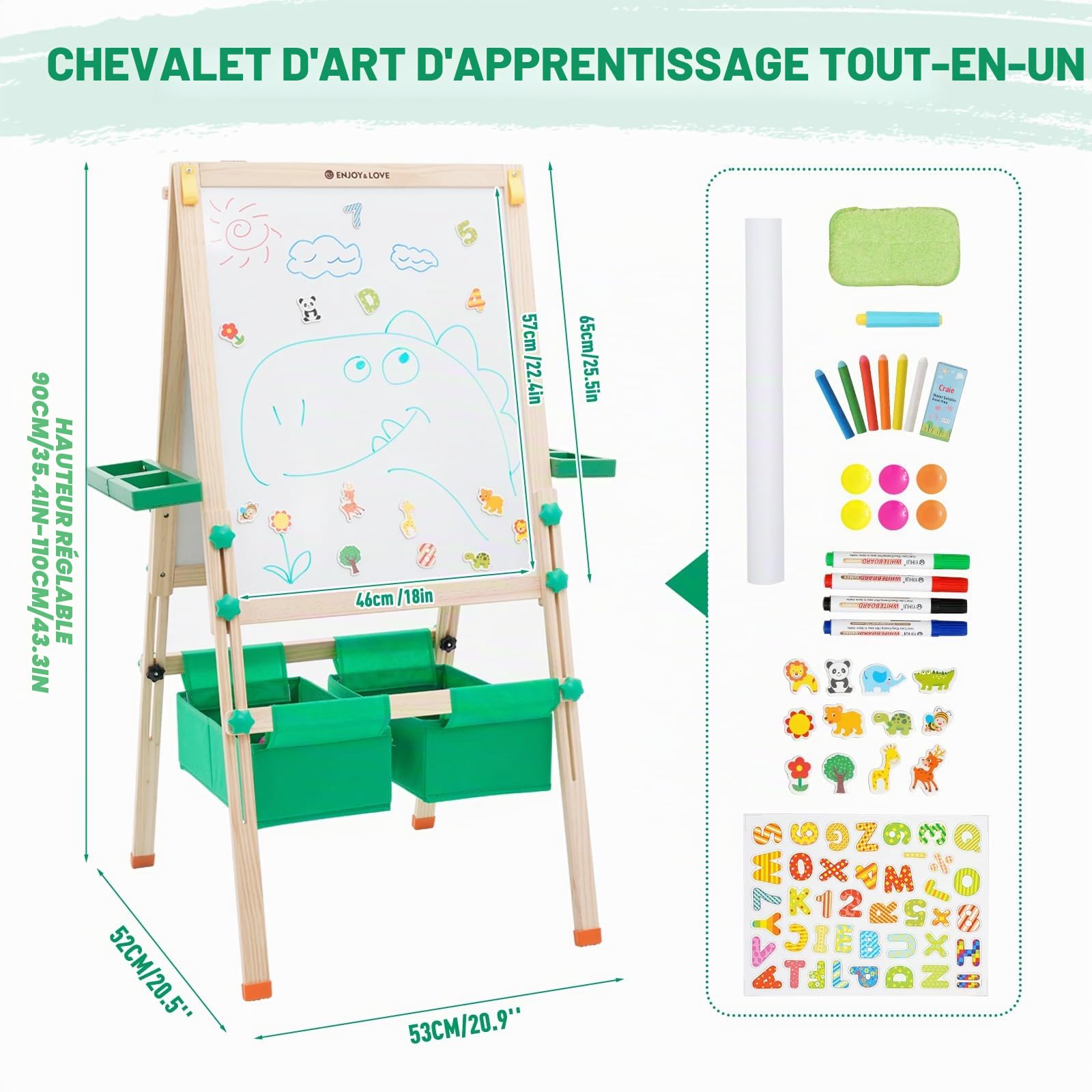 Chevalet Pour Enfants, Chevalet en Bois Réglable en Hauteur Pour Enfants, Plateau Pour Enfants Double Face avec Support de Rangement, Rouleau de Papier, Tableau Blanc,Lettres Magnétiques, Pliable