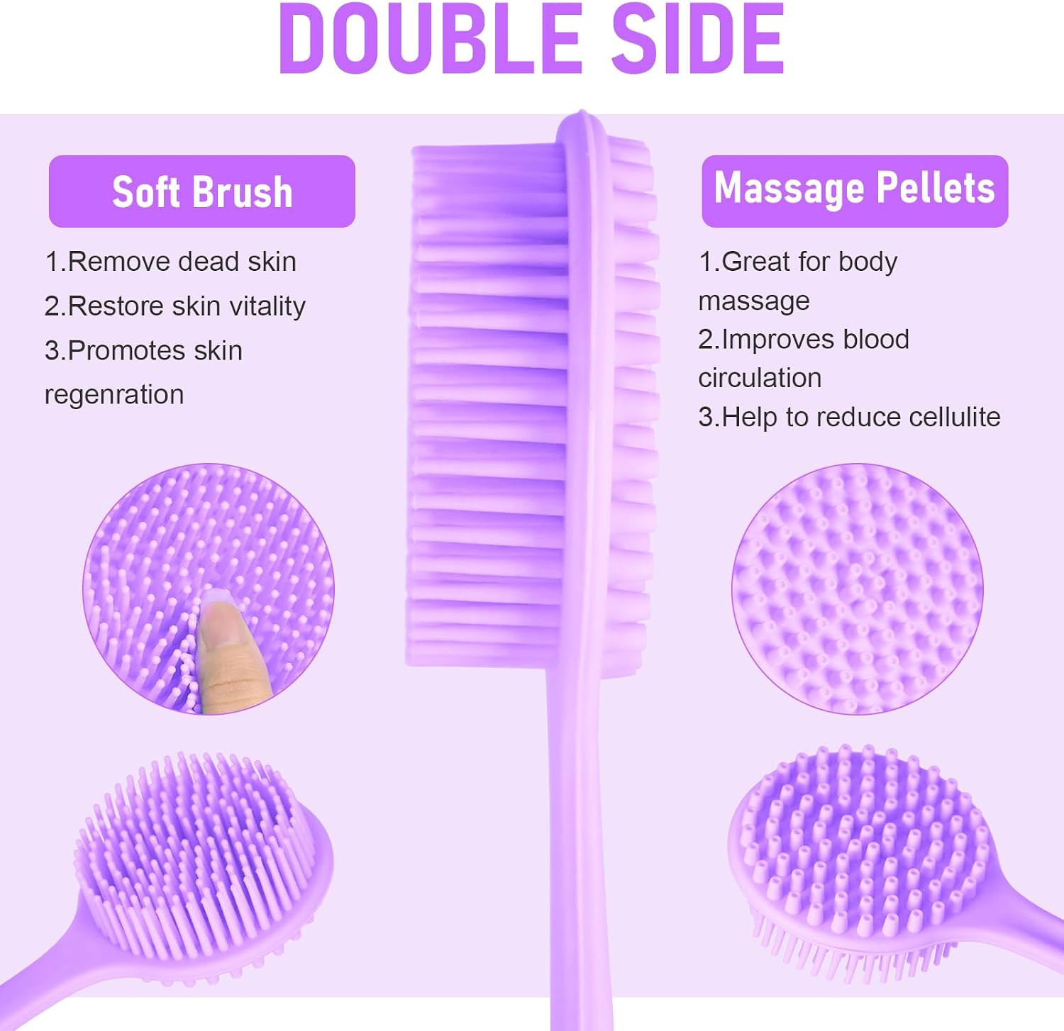KXF Silicone Back Scrubber for Shower Bath Body Brush with Long Handle Double Sided Exfoliating Shower Brush with a Hook and a Lanyard
