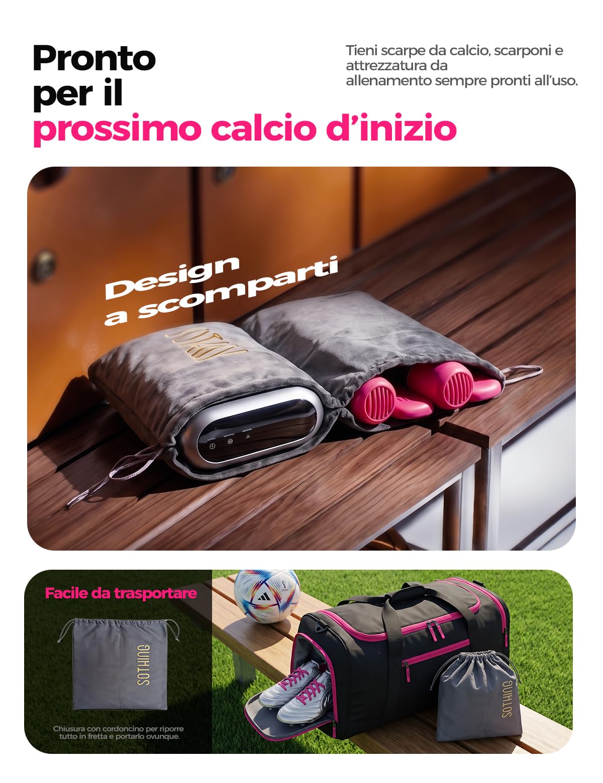 SOTHING Asciug scarpe elettrico con ozono per scarpe da calcio e scarponi | Flusso 360° per scarpe da calcio e sci, tubi flessibili, ozono antiodore, 3 livelli, timer 1–9 ore e borsa portaoggetti.