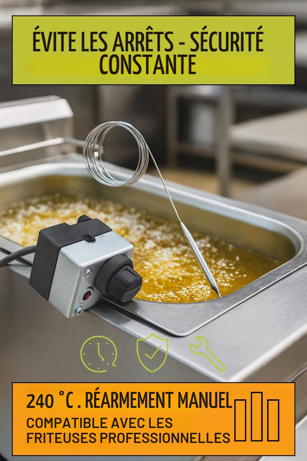 CubetasGastronorm Thermostat de sécurité friteuse 240° Capillaire 1000 mm avec REARME 16 A capillaire 1000 mm Protection contre la surchauffe Précision Haute résistance Friteuses industrielles et
