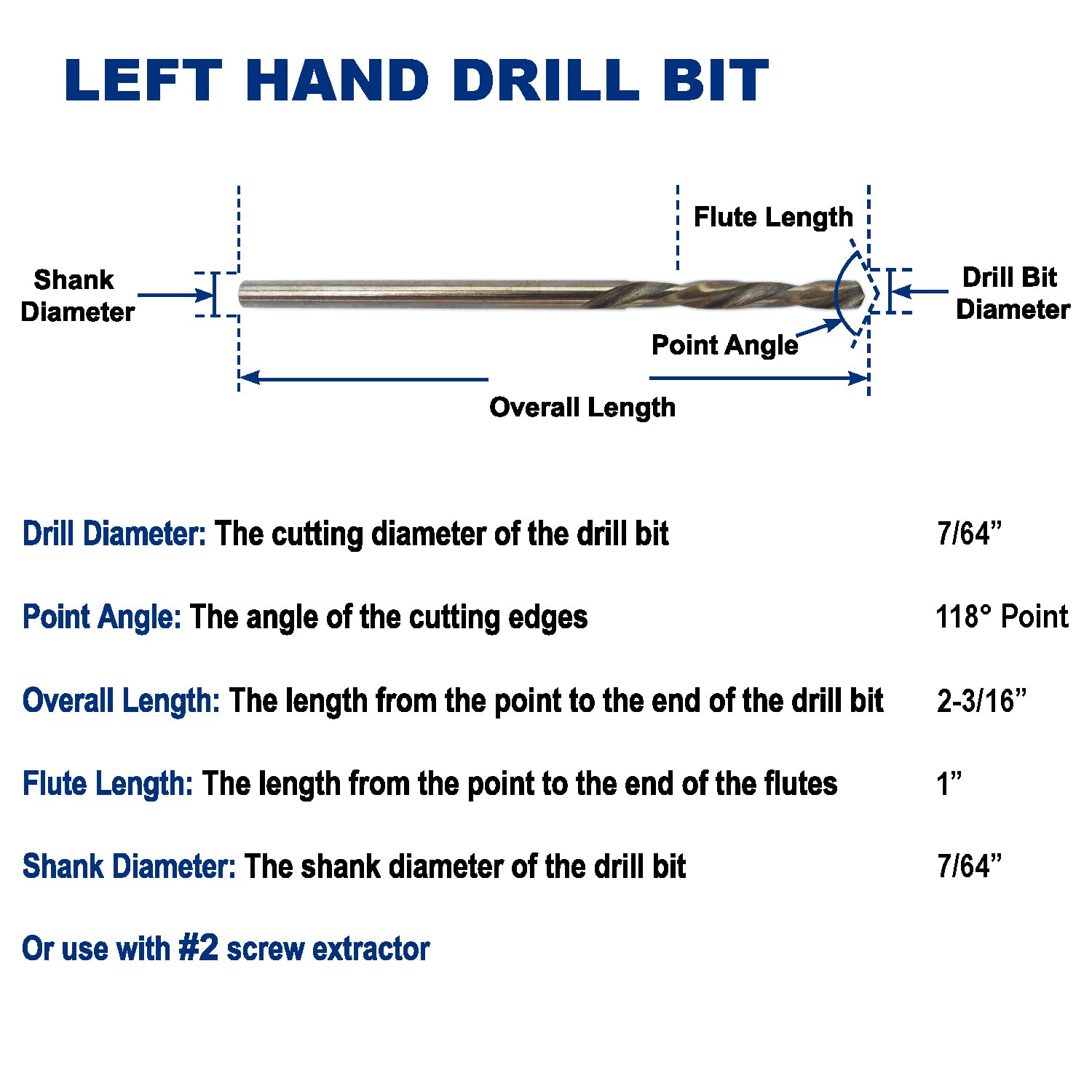 7-Piece M35 Cobalt Left Hand Drill Bit Set for Removing Damaged Bolts and Screws, 5/64-Inch, 7/64-Inch, 5/32-Inch, 1/4-Inch, 19/64-Inch
