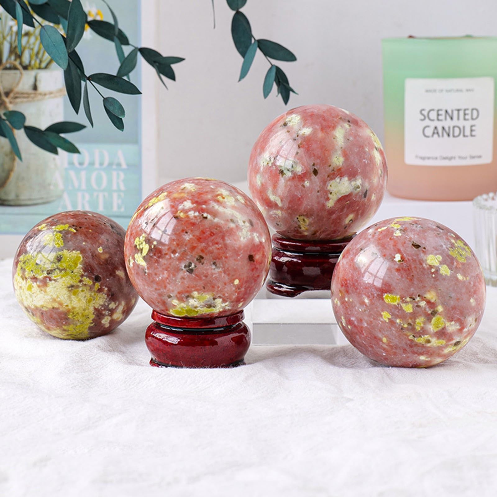 Bola de Piedra de Flor de Melocotón Natural con Base de Madera, Bola de Cristal de Cuarzo, Orbe de Cristal Curativo Mágico para Feng Shui, Meditación, Adivinación, Decoración,45~50mm