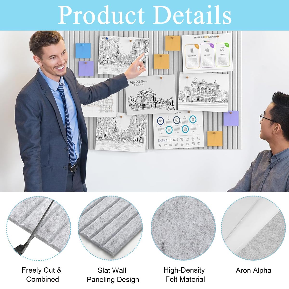 Climberty® 6Pcs Felt Bulletin Board Vision Board,30x30cm Self-Adhesive Wall Boards with 50pcs Drawing Pins,Felt Message for Paste Notes Photos Schedules (Grey) 1