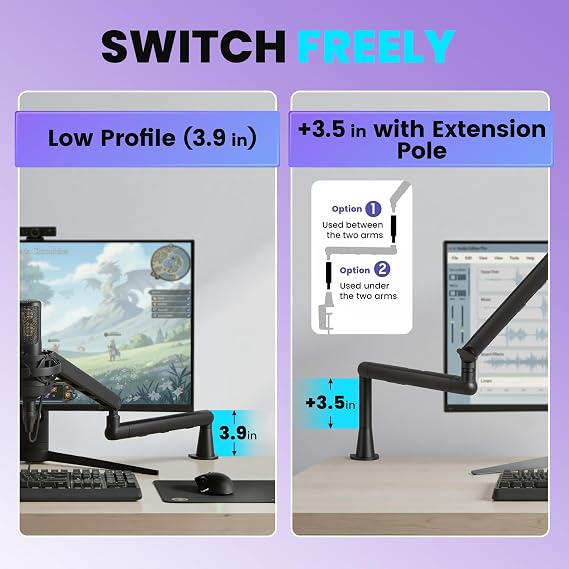 CAHAYA Mic Stand Boom Arm - Low Profile Adjustable Microphone Arm Stand with 3.5 Extension Pole Desk Clamp Screw Adapter for Streaming Gaming Black
