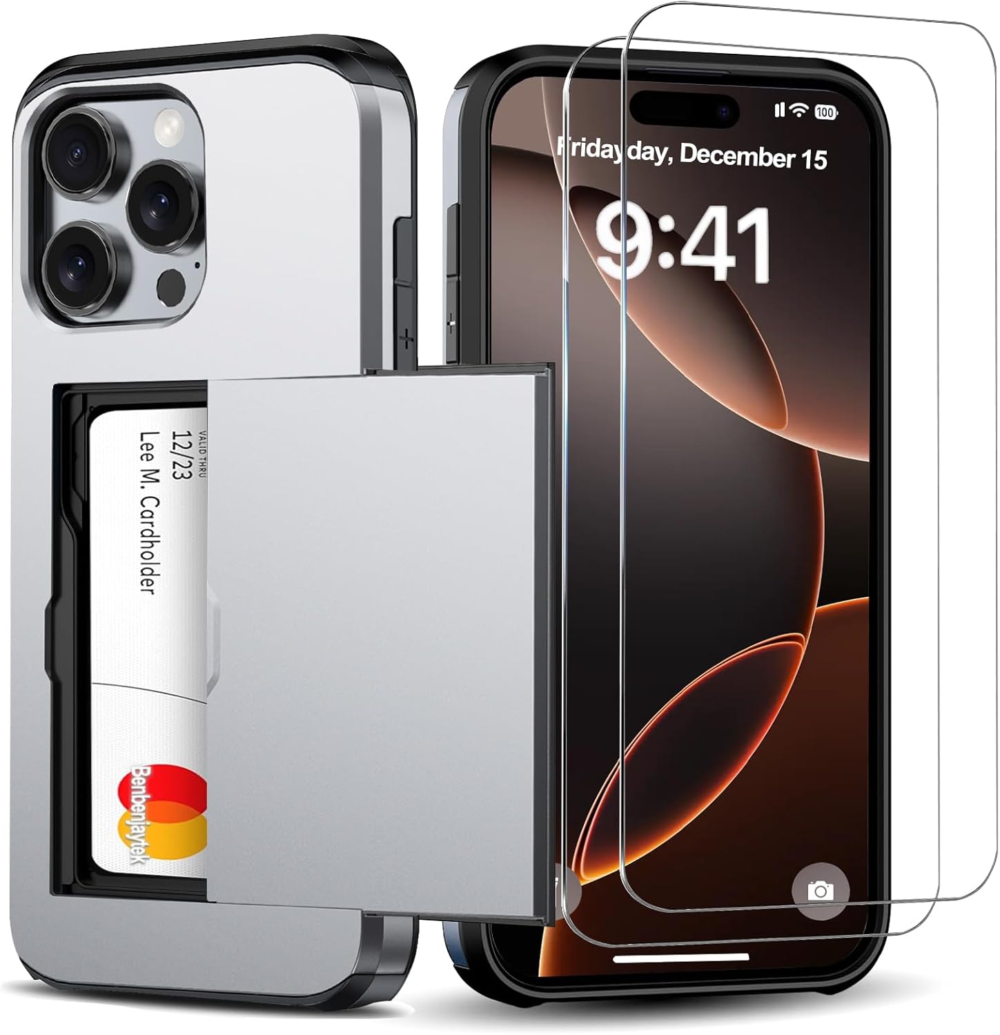for iPhone 16 Pro Max Wallet Case with Card Holder + 2 Tempered Glass Screen Protector Protective Shockproof Hidden Card Slot Slim Case Women Men 6.9 inch 2024 (Gray) (for iPhone 16 Pro Max 6.9" Gray) Thumbnail
