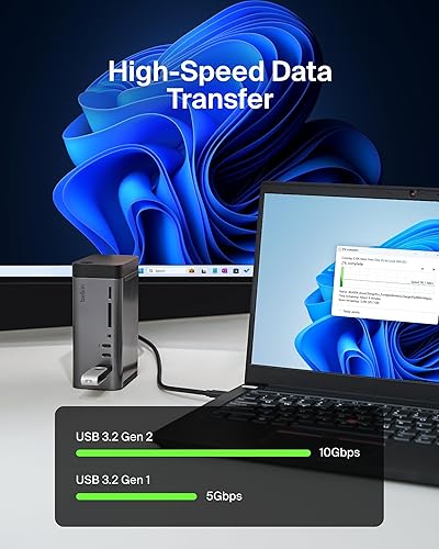 Vista 4 de Belkin Concentrador USB-C, 11 en 1 Pro GaN Dock 150W, estación de acoplamiento multipuerto con USB-C, USB-A, Ethernet, SD, MicroSD, puerto de 0.138