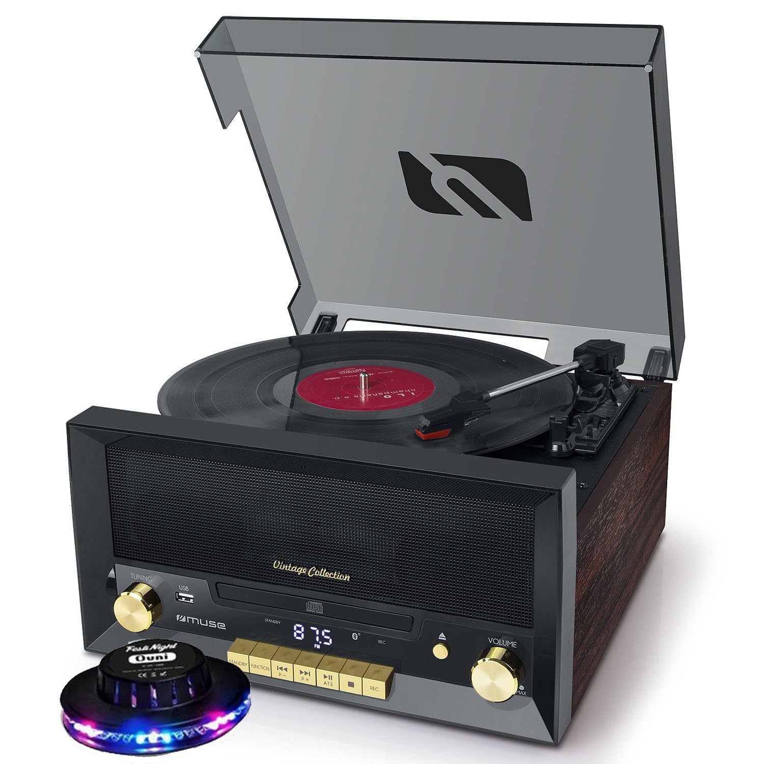gef-​roy Système Chaîne HiFi - Muse MT-​112W - CD 20W Vintage avec Platine Vinyle - CD/​FM/​USB/​AUX - 33/​45/​78 Tours - Lumière OVNI