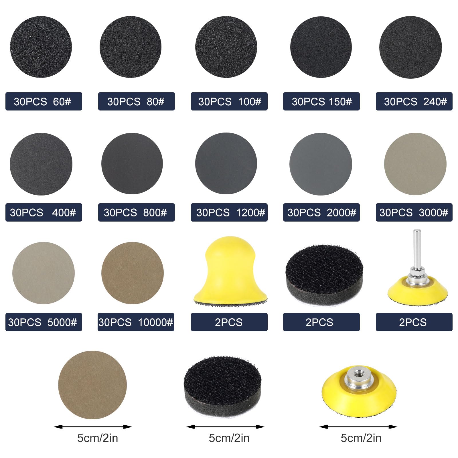 Podkładki ścierne 50 mm na mokro i na sucho, 50 mm, na rzep, ziarnistość 60/80/100/150/240/400/800/1200/2000/3000/5000/10000, okrągłe, do drewna, metalu