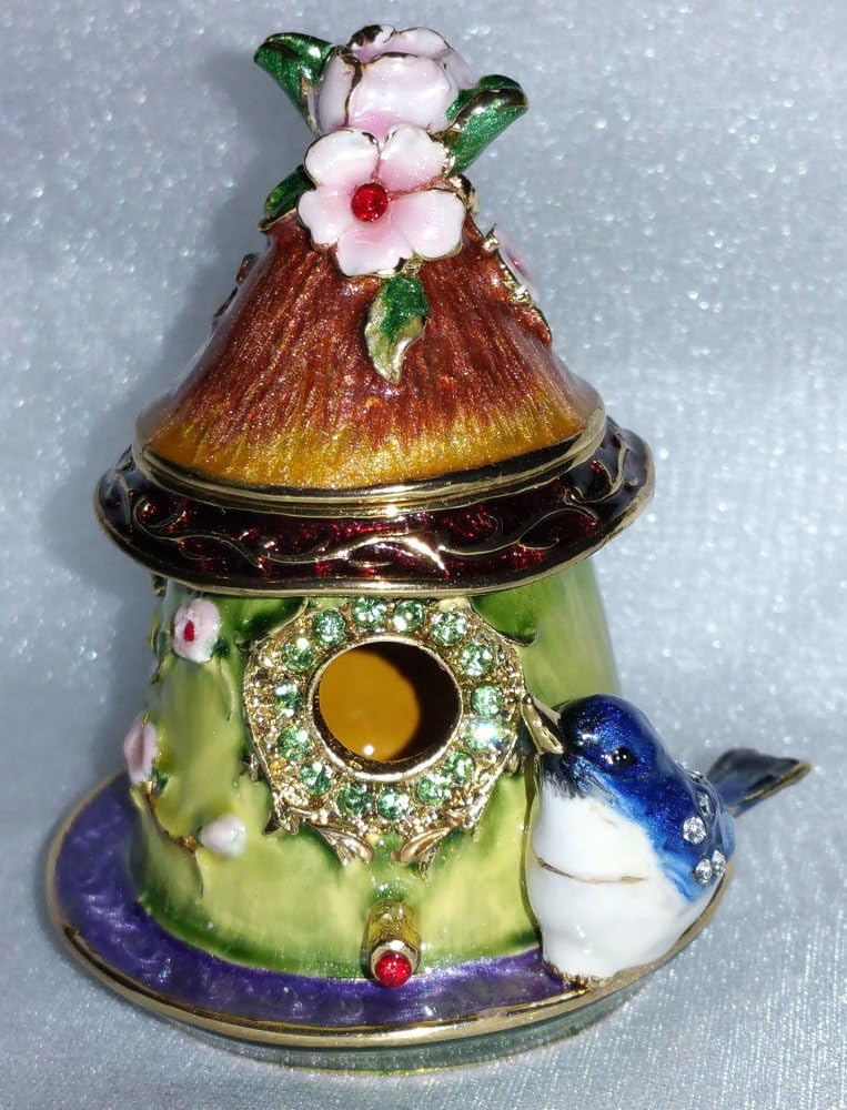 Bejeweled Bluebird on Pink Roses Birdhouse Enamel Trinket Box with Austrian Crystals