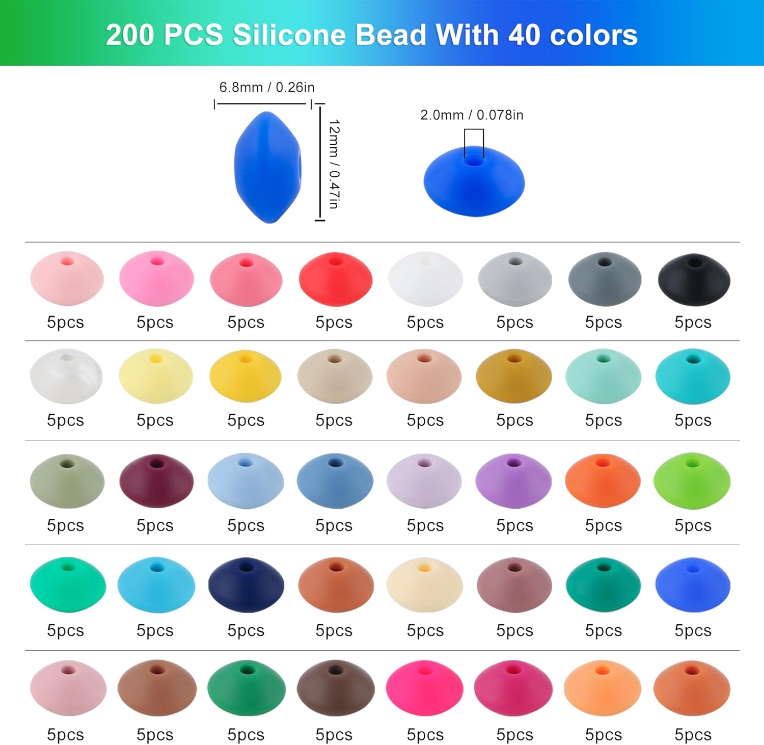 Sunrony 200Pcs Silicone Lentil Beads for Keychain Making,Bulk Mixed Color 12mm Silicone Abacus Spacer Beads for Necklace Bracelet Making Pens(Multicolor) thumbnail