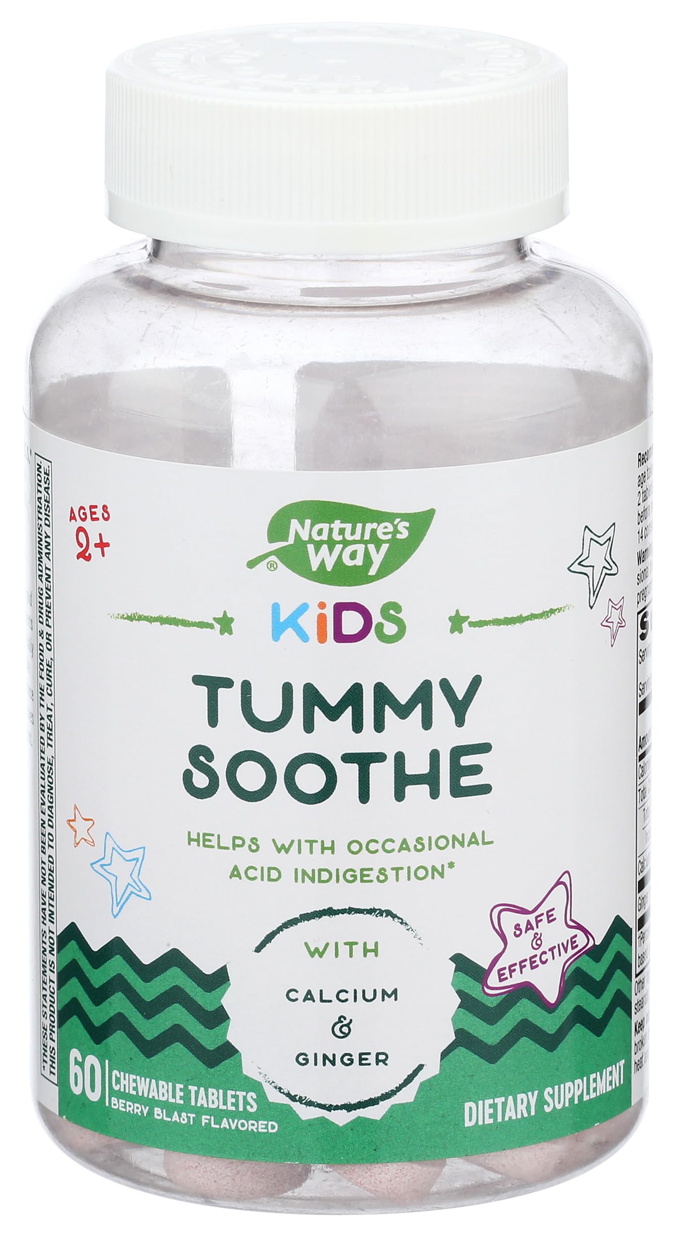 Nature's Way Kids Tummy Soothe with Calcium & Ginger, For Occasional Tummy/Stomach Upset*, Berry Blast Flavored, 60 Vegan Chewable Tablets