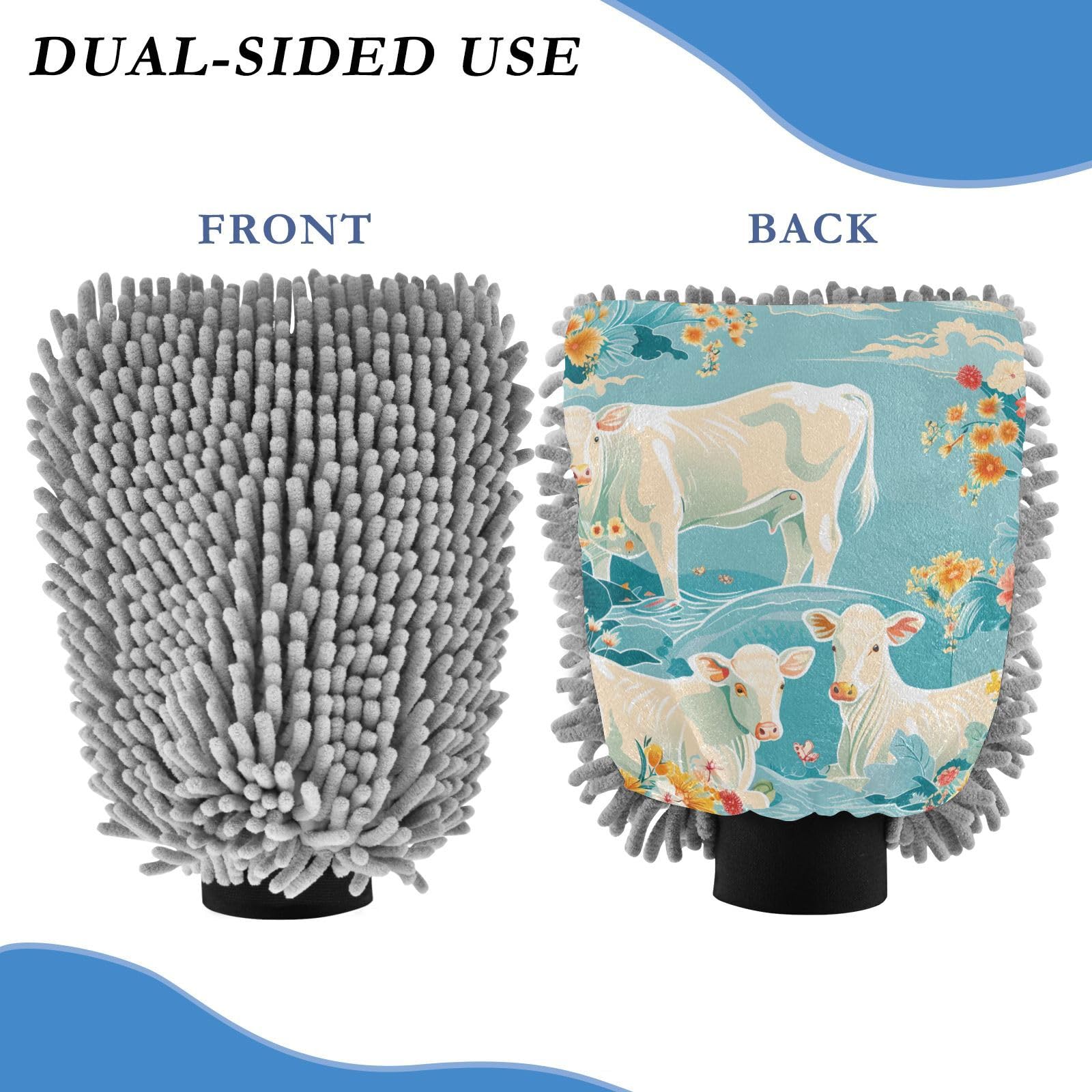 IOACIY Absorbent Microfiber Car Wash Drying Mitts, 2 Pack, Scratch-Free & Lint-Free, Rich Foam, Highly Absorbent, Double Sided, Wash Mitt Perfect for Car Washing, M, Cow (22)