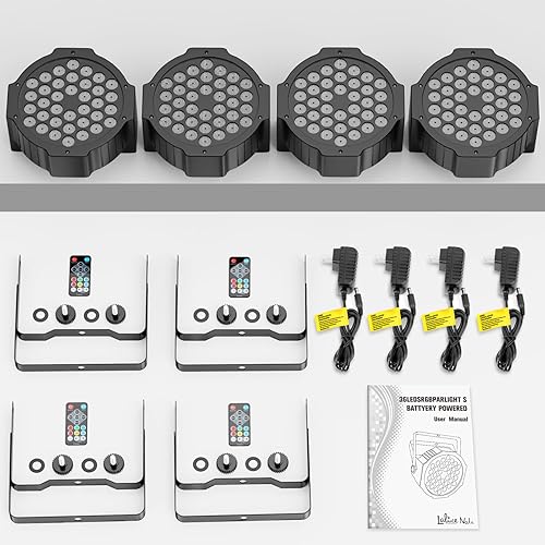 Vista 11 de Luces Par de escenarios alimentadas por baterías, RGB 36 W recargable, paquete de 2 unidades activadas por sonido, reproducción automática por