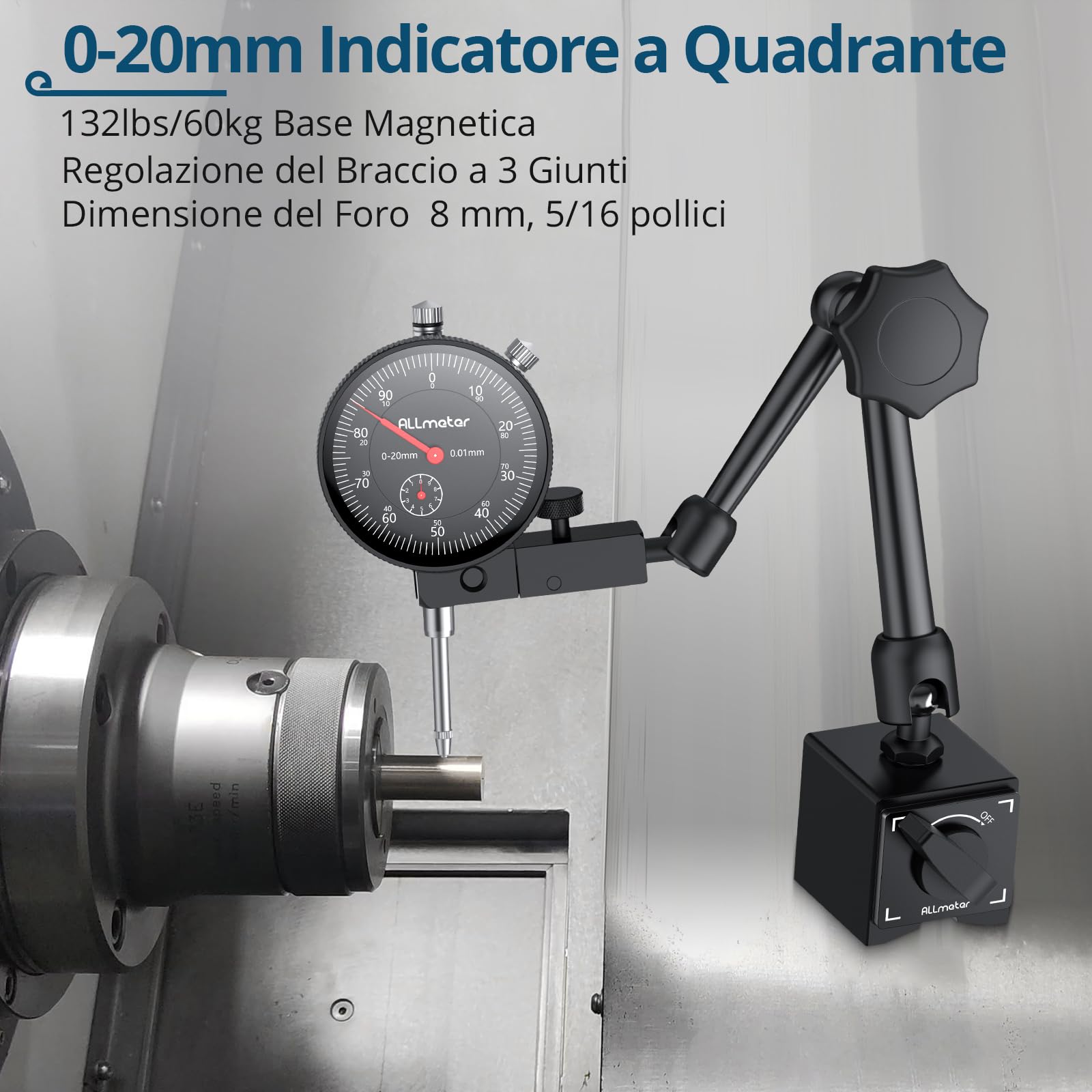 Comparatore Centesimale 0-20mm con Base Magnetica 60kg, Indicatore Meccanico di Precisione 0.01mm, Supporto Regolabile a 3 Snodi per Tornio Fresatrice Allineamento Misure Officina Meccanica