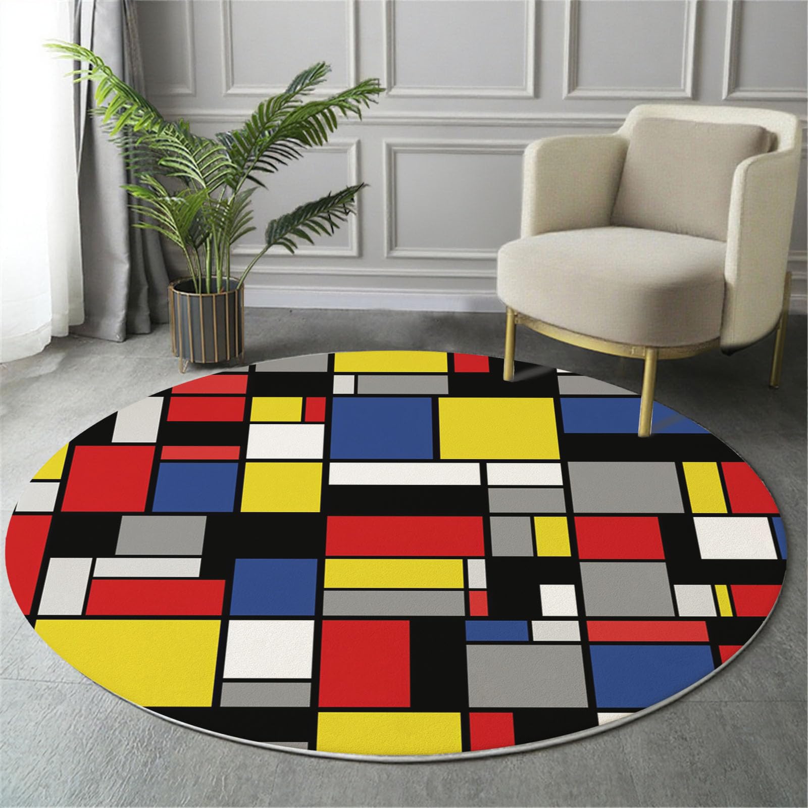 Waschbar Teppich Rund 120cm, rutschfest Dünner Teppich, Gegend Kreis Mehrfarbig Geometrie Raster Farbblock Fußboden Teppiche für Wohnzimmer Schlafzimmer Kinderzimmer
