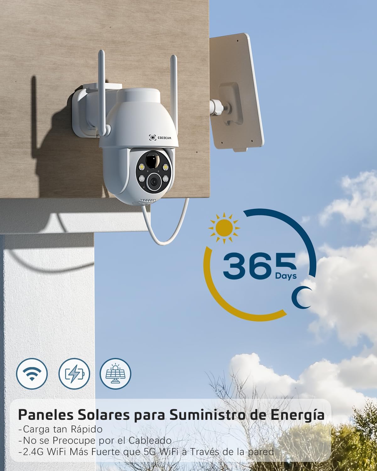 COCOCAM 2PCS 2K Cmara Vigilancia WiFi Exterior con Panel Solar, PTZ Batera, Visin Nocturna a Color, AI Reconocimiento, PIR Deteccin, Cloud