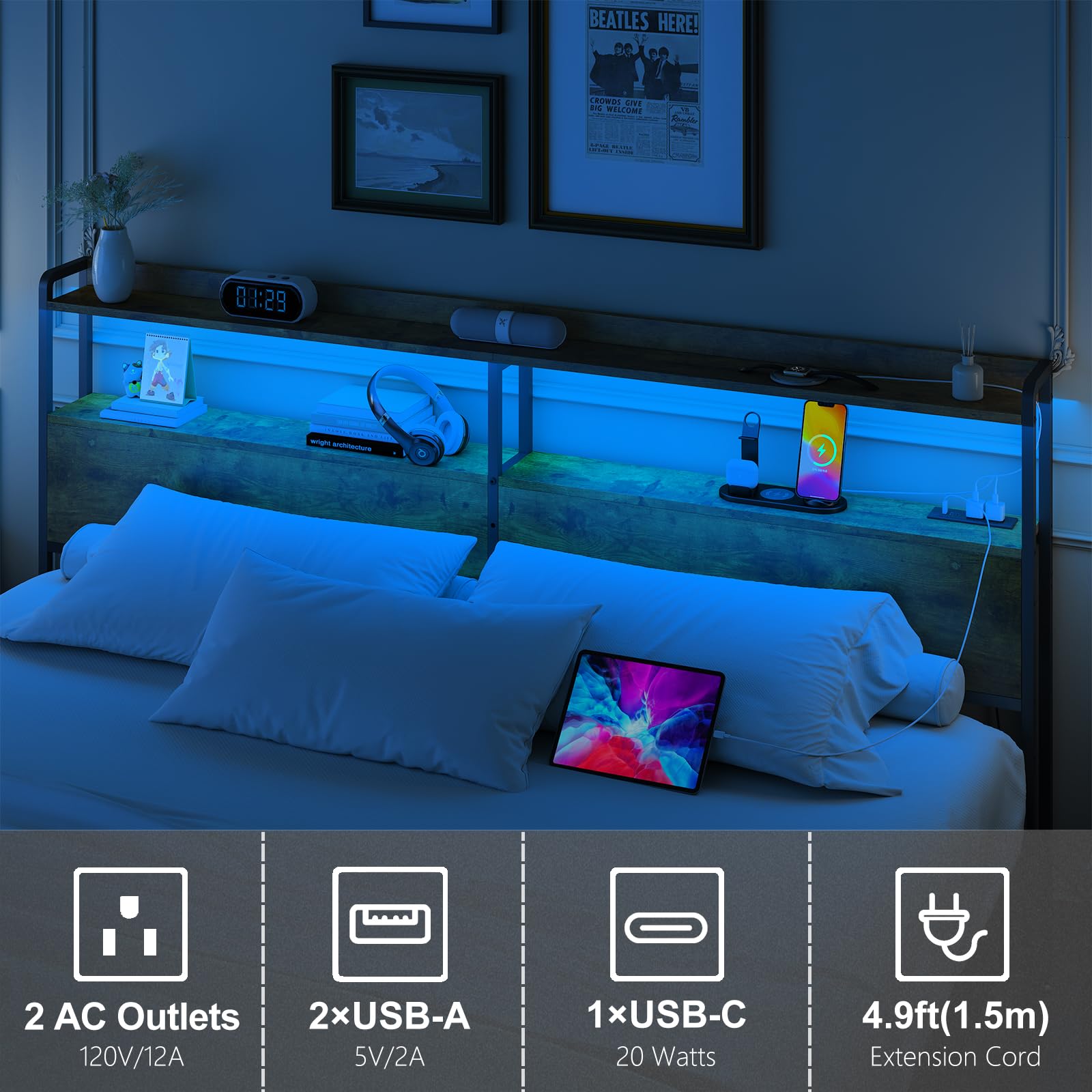 Cabecera ajustable tamaño King con tomas, puertos USB, tipo C, luces LED y almacenamiento, color marrón rústico, cabecera resistente para mayor comodidad y funcionalidad, tamaño King 4