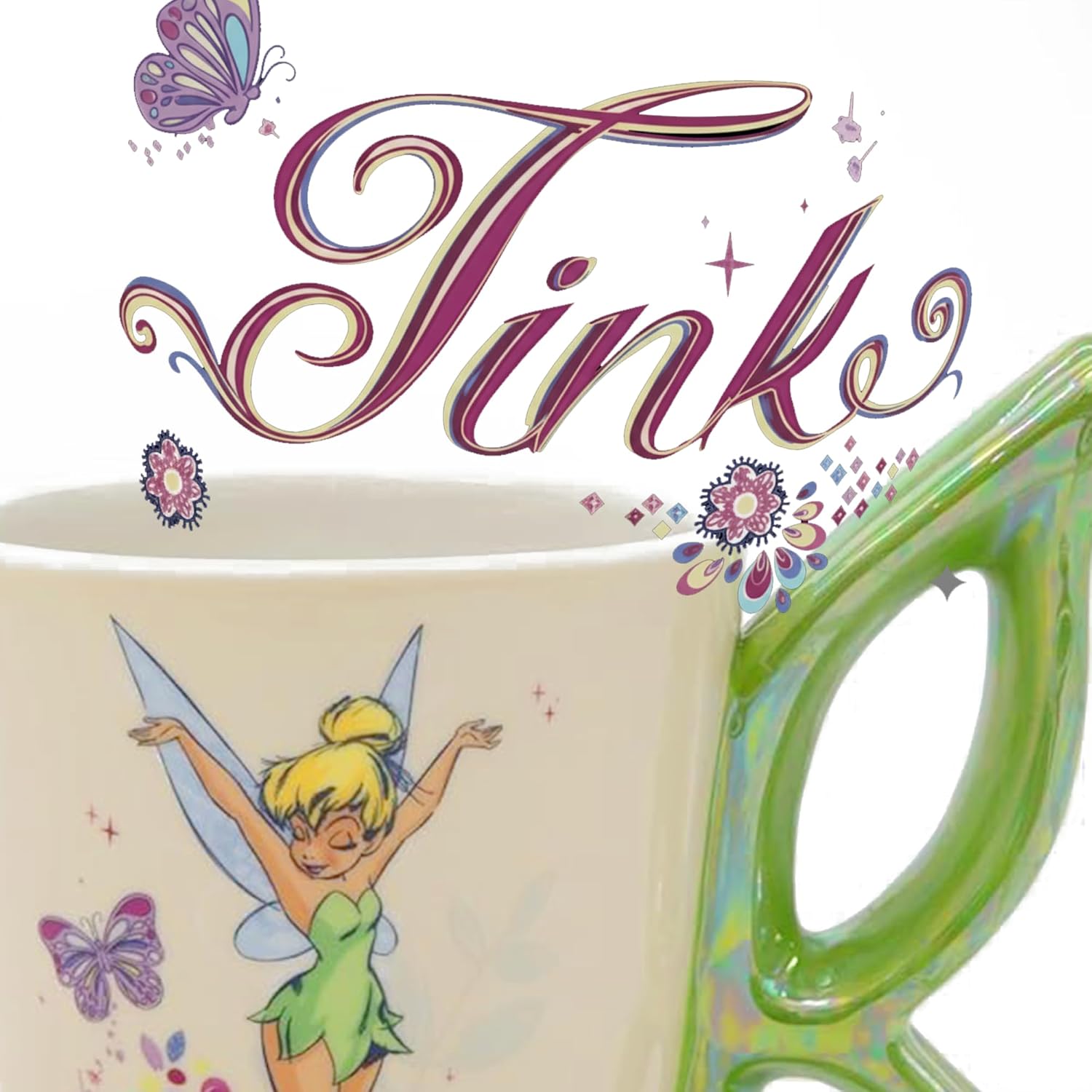 Disney Tinker Bell Ceramic Coffee Mug – Cute Mug Featuring Tinker Bell with Iridescent Butterfly Design, Collectible Coffee Cup, Officially Licensed Gifts