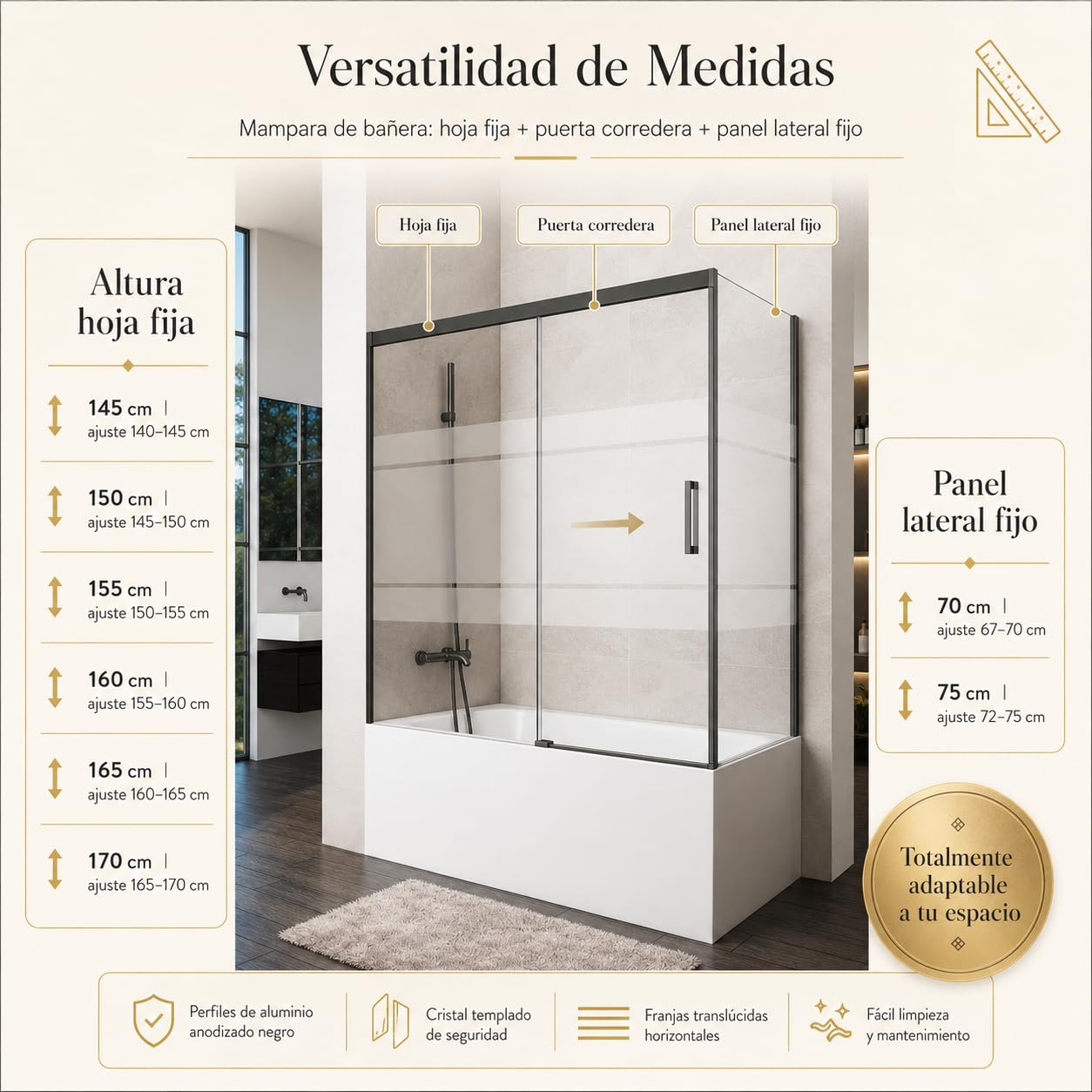 GME - Mampara Ducha Frontal Bañera 145cm 1 Fija + 1 Corredera + 70cm Panel Lateral Fijo Blanco | Mampara de Cristal Reversible y Serigrafiado 6mm con Ancho Adaptable y 150cm de Altura