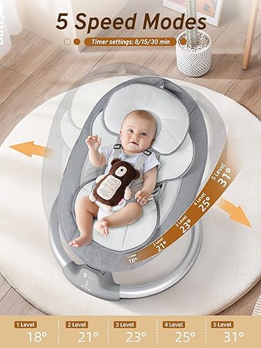 Miniatura 2 de Columpios de bebé para bebés, columpio infantil con canciones de cuna, Bluetooth, 3 posiciones de asiento, pantalla táctil y control remoto,