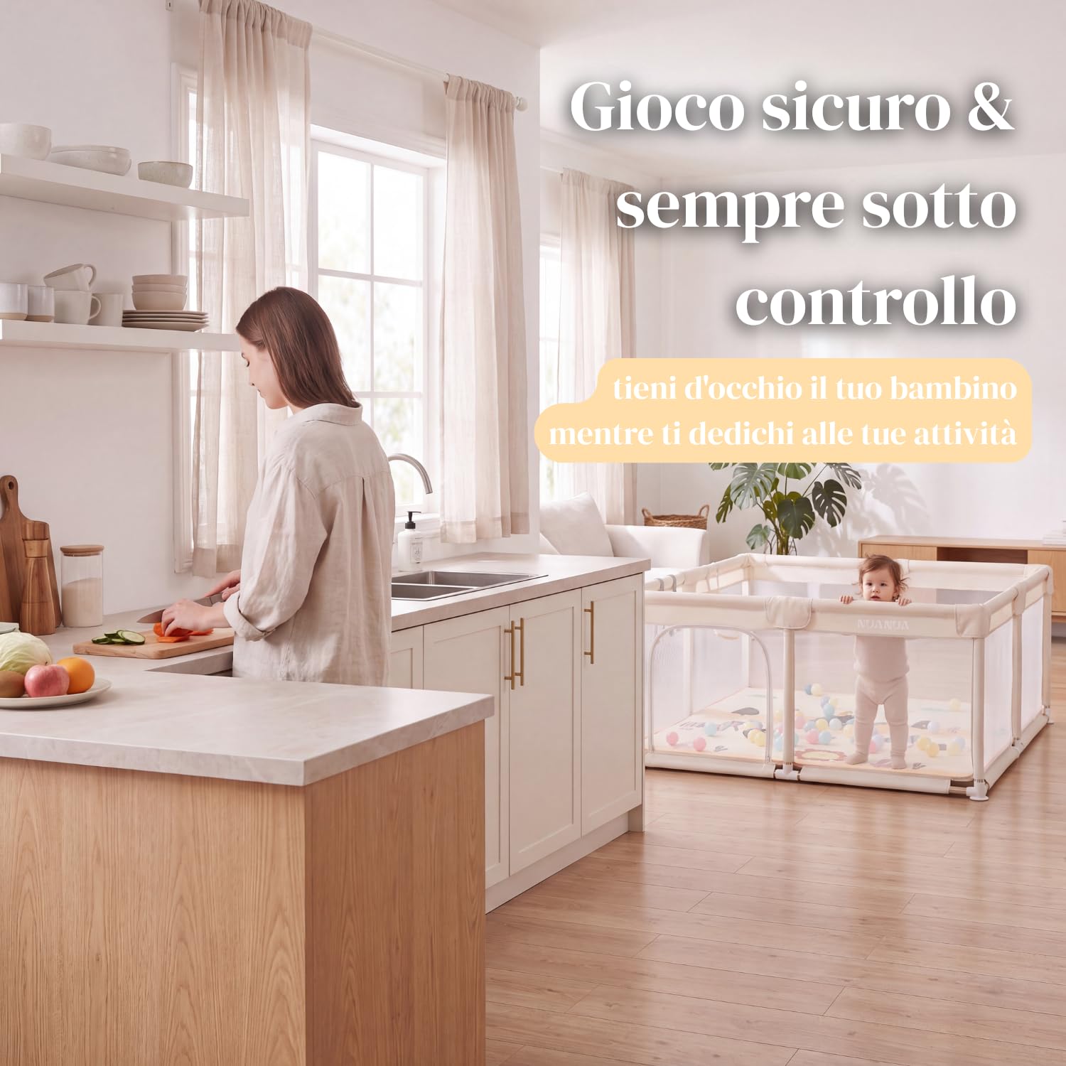 NUANUA Box Bambini XXL 150x180 cm - Recinto Neonato con Tappeto - Beige | Smontabile con materassino, palline, cesto e maniglie - piscina di palline per interno ed esterno - per bimbi 0-36 mesi