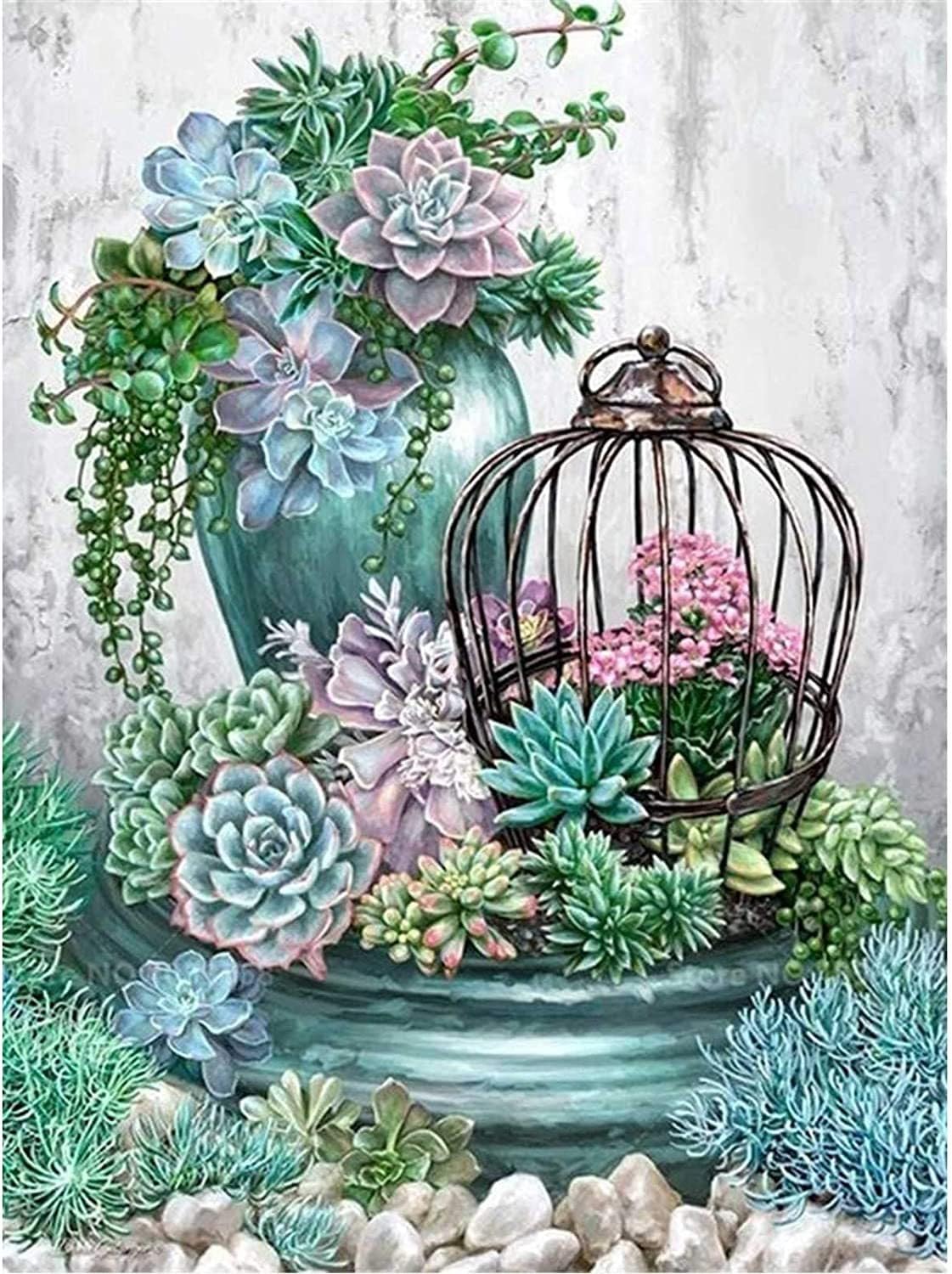 Gofission 11ct Stamped Cross Stitch Kits for Adults Beginners, Plants and Cage DIY Pre Printed Cross Stitch Embroidery Set with Accessories Wall Decor 36x46cm (Succulents)
