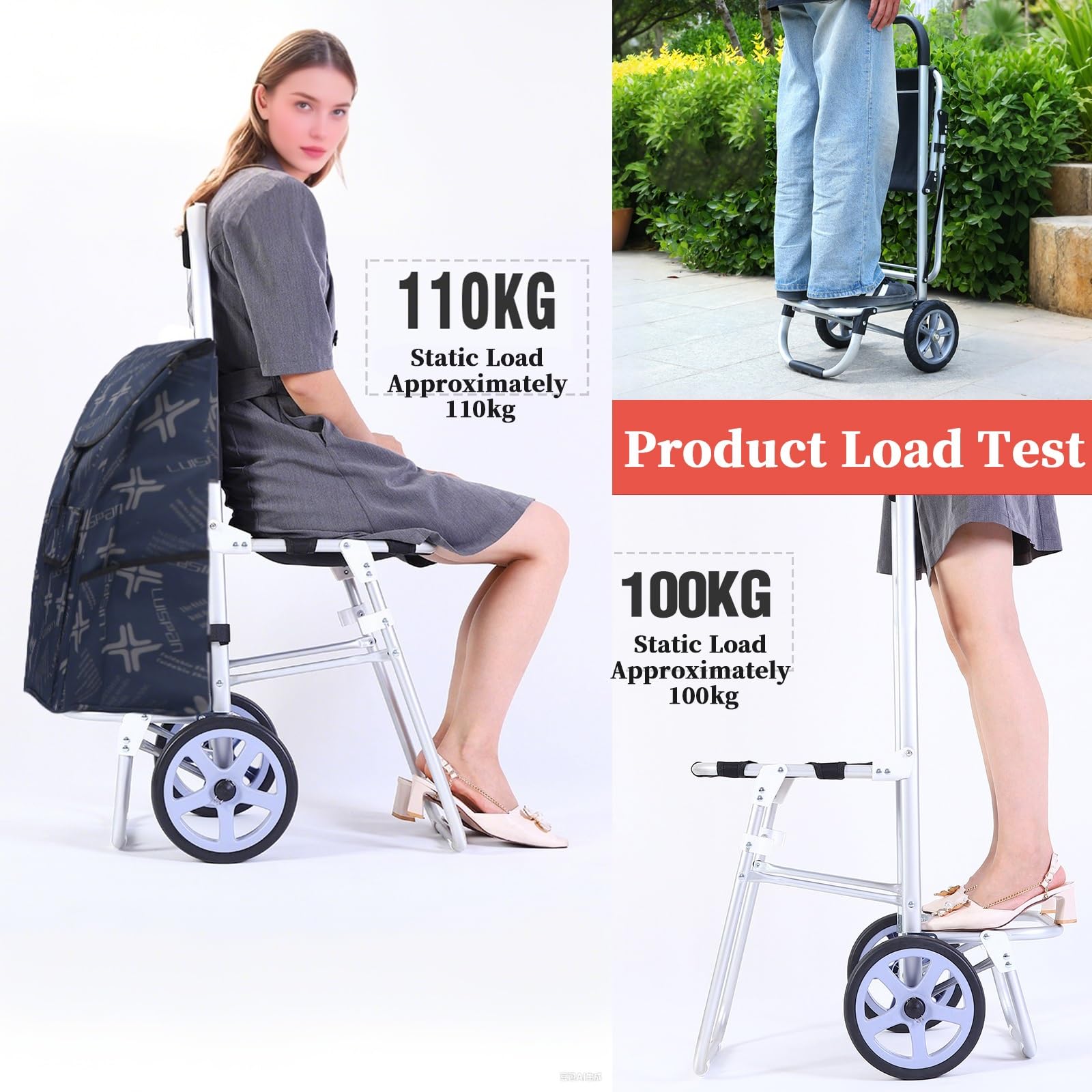 Zusammenklappbarer Einkaufswagen mit Sitz, kompakter Einkaufswagen, Treppensteig-Design, 100 kg Kapazität, leichter Allzweckwagen für Senioren, tragbar und faltbar, schwarzes Rad
