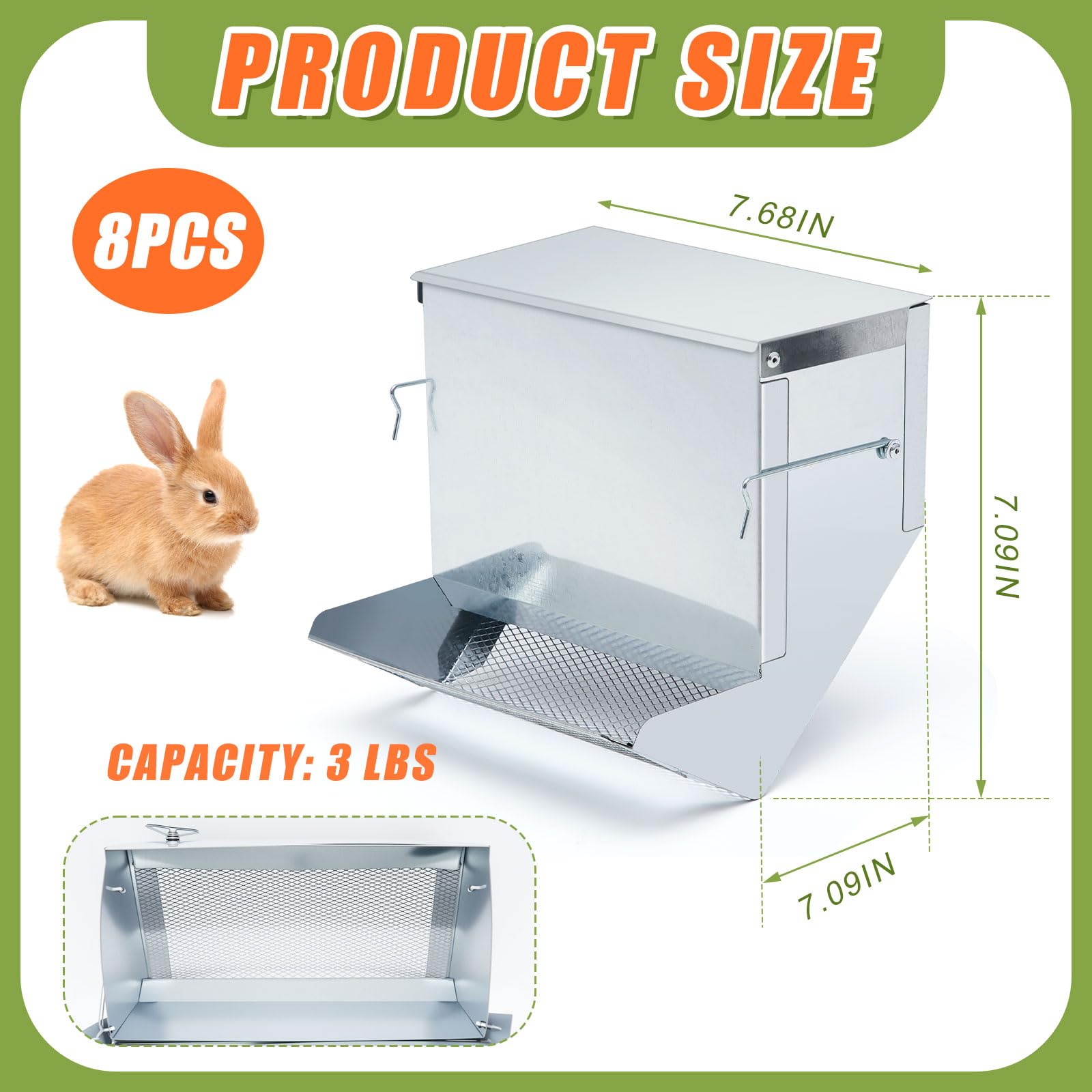 Maxcheck Kaninchen-Futterspender für Käfige, Großpackung für Kleintierfutter, mit Deckel, Metall, Kaninchen-Futterspender für Meerschweinchen, 19 cm, Silber, 8 Stück