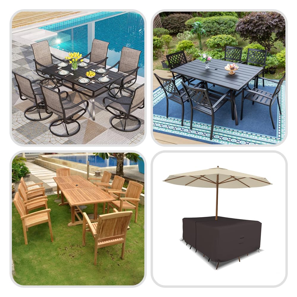 Covers & All Prostokątny stół i krzesło patio zestaw pokrowiec z otworem na parasol - wytrzymały 45 ml wodoodporny pokrowiec na meble z tyłu z kieszenią powietrzną i sznurkiem do wygodnego dopasowania (190 cm szer. x 115 cm gł. x 76 cm wys. , kawa)