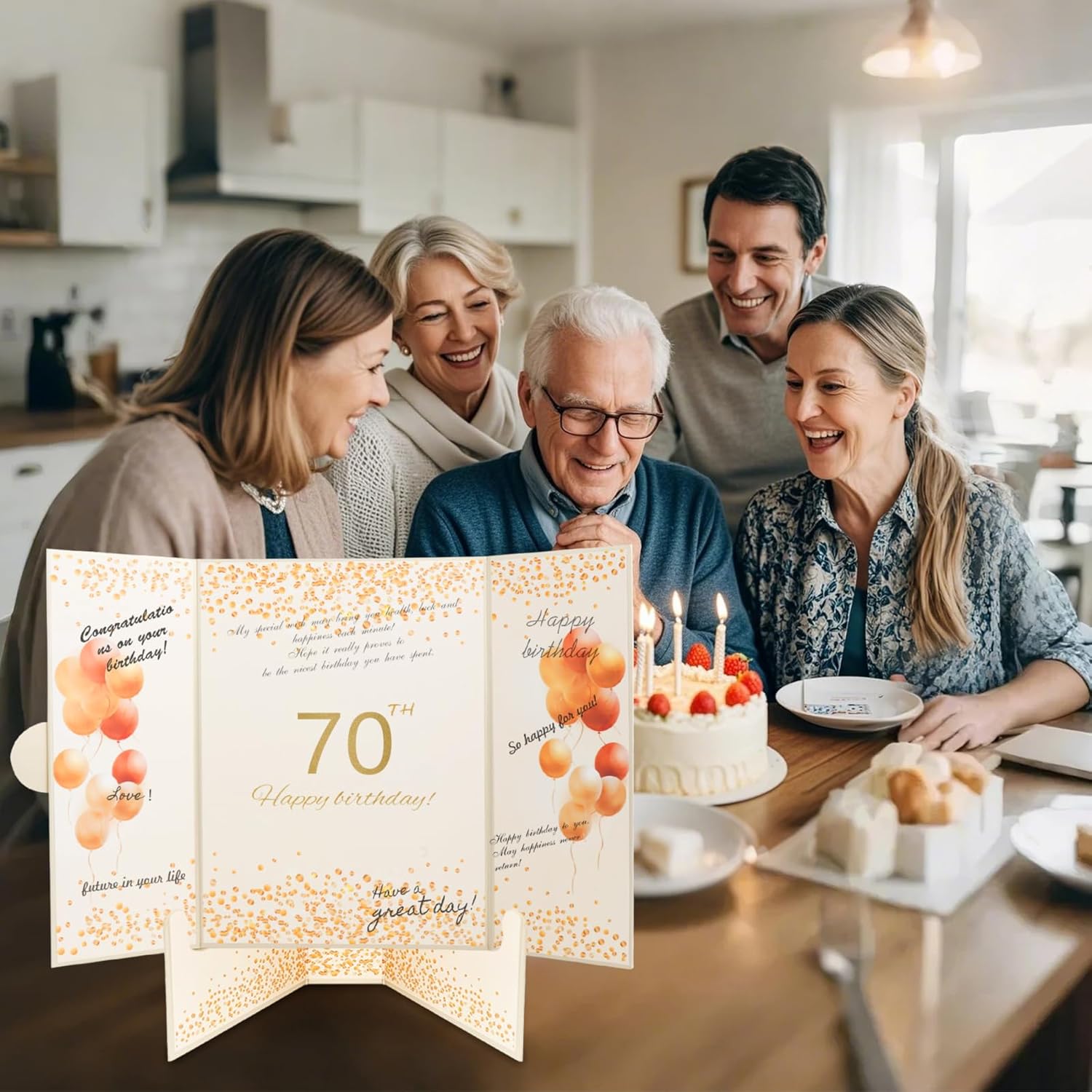 70th Birthday Guest Book and Party Decorations Set, 12x18 inch Sign-in Signature Card with Matching Envelope + Foldable Stand，Gold Foil Stamped Inner Pages，Champagne and Gold - Image 6