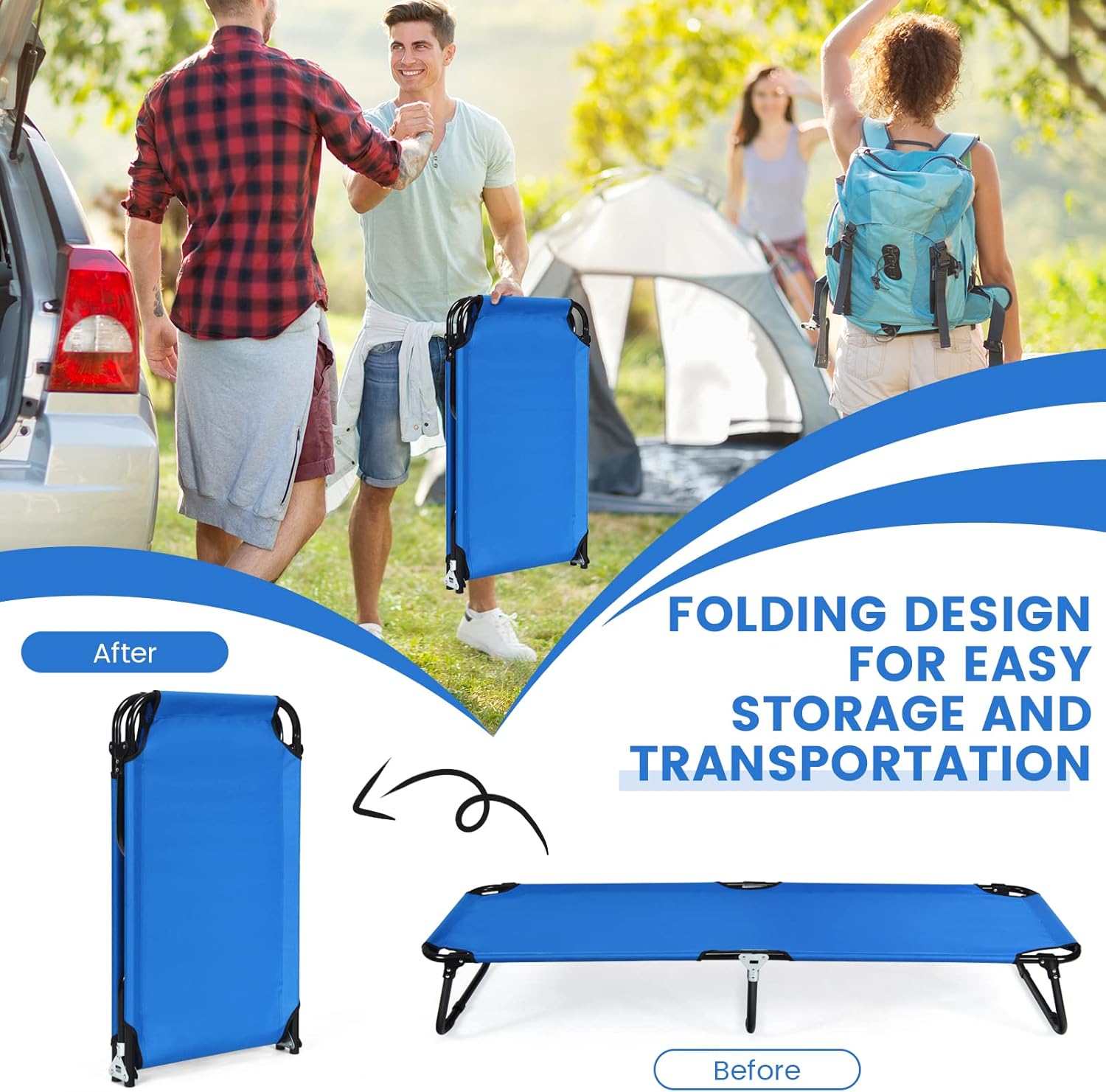 Before and after images demonstrating the Goplus Camping Cot's folding mechanism for compact storage.