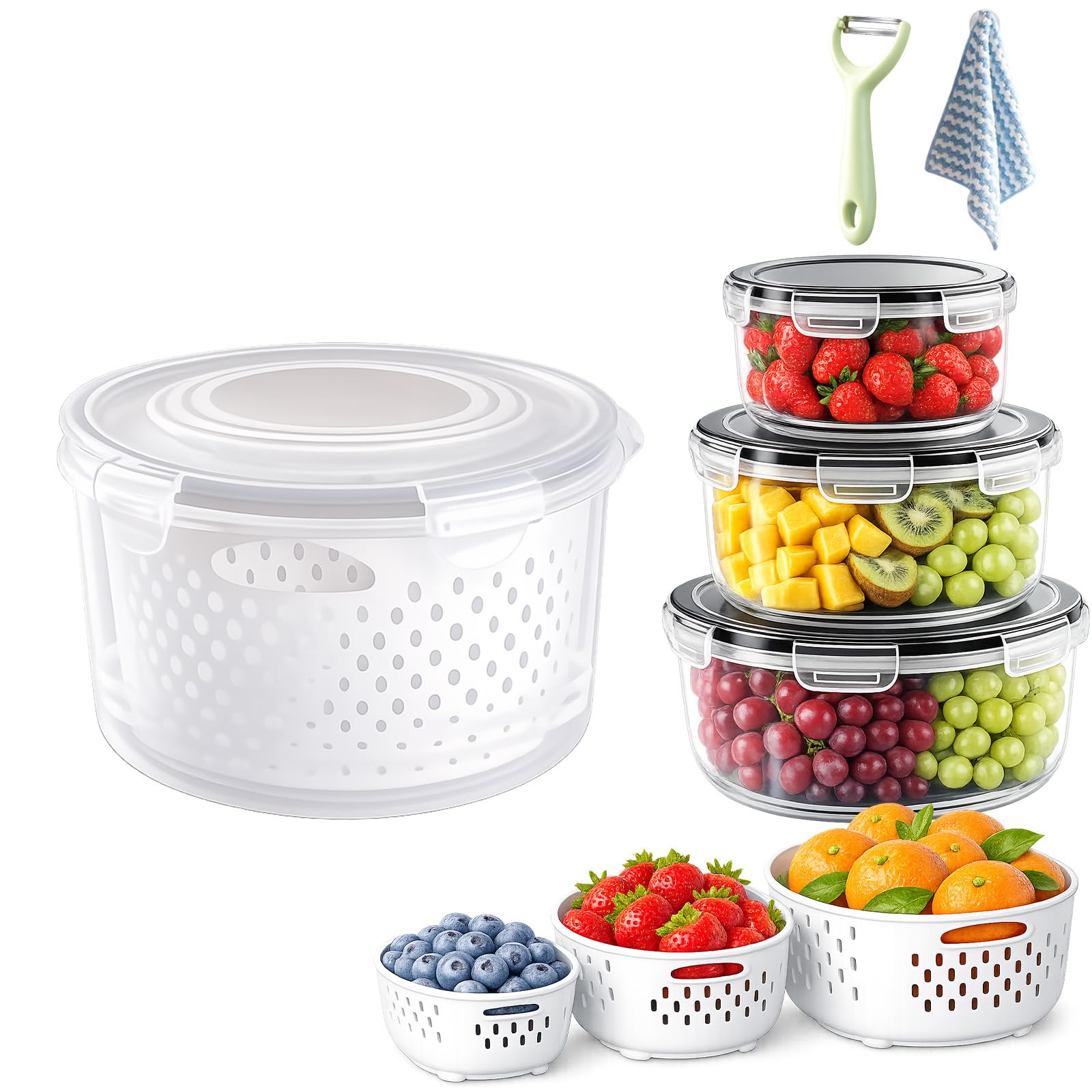 4-in-1 Produce Storage Containers, 3-Pack Set Fruit Storage Containers for Fridge with Removable Colander & Airtight Lids, Leak Proof Drain Basket for Fresh Vegetable Organization (Round,Small)