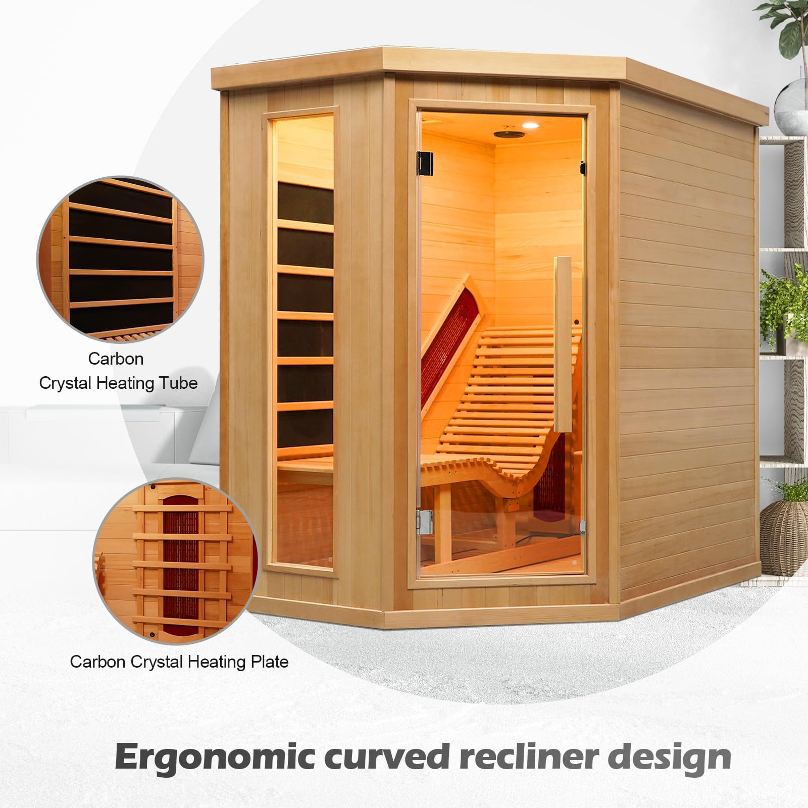 BENOVO 1-2 Person Infrared Sauna with Single Recliner,220V 2300W Indoor Dry Wooden Sauna Room with 8 Heating Panels, Oxygen Bar,Panoramic Tempered Glass (Left-Hand Door)
