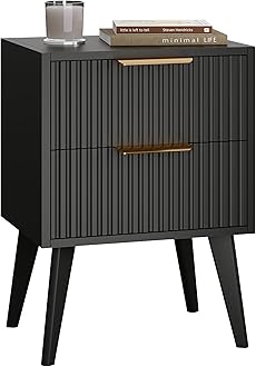 YAUKOMEL Black Night Stand,Modern Bedside Table,Small Nightstand with 2 Drawers,Fluted Side Table with Wood Legs,Mid Century End Table for Bedroom,Small Space,Black 11.8" D x 16" W x 22.4" H CTG55BK