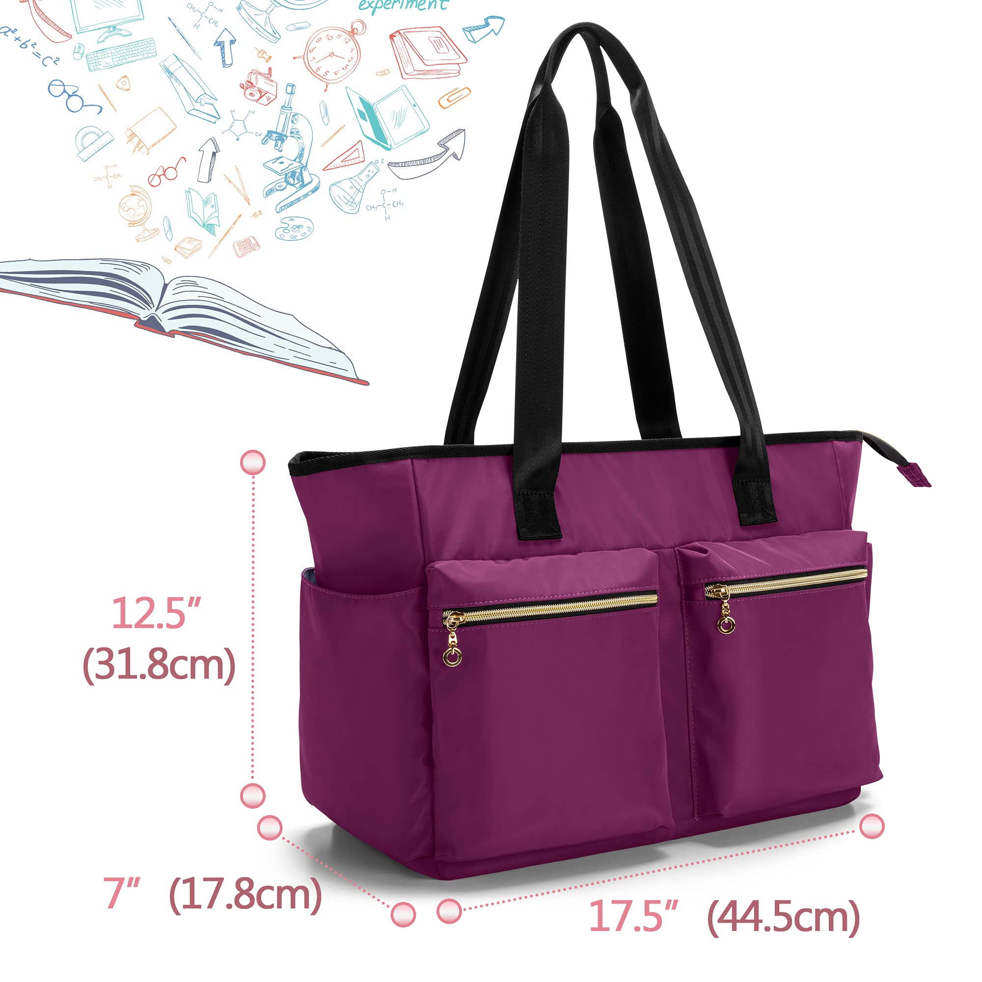 Damero Borsa dell'insegnante, grandi Borse Tote per insegnante, scuola, ufficio, affari con cerniera superiore e tasca imbottita per laptop,Viola