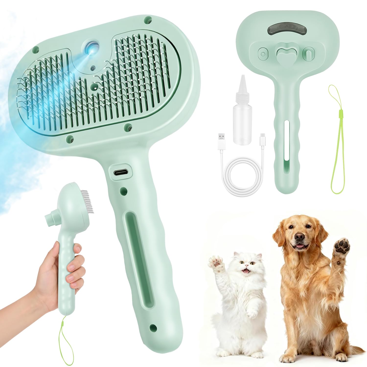 Cepillo de vapor 5 en 1 para perros y gatos con botón de vapor y liberación, herramienta de aseo para mascotas de interior, eliminación de pelo de gato, agua para animales pequeños, pelo largo y corto