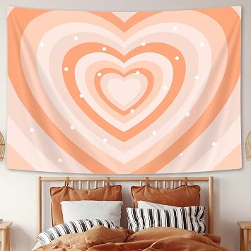 Drgilau Cute Heart Aesthetic Tapestry for Girl Bedroom, Orange Heart Wall Hanging, 2000s Hippie Decor for Home College Dorm Living Room, 80X60 Inch