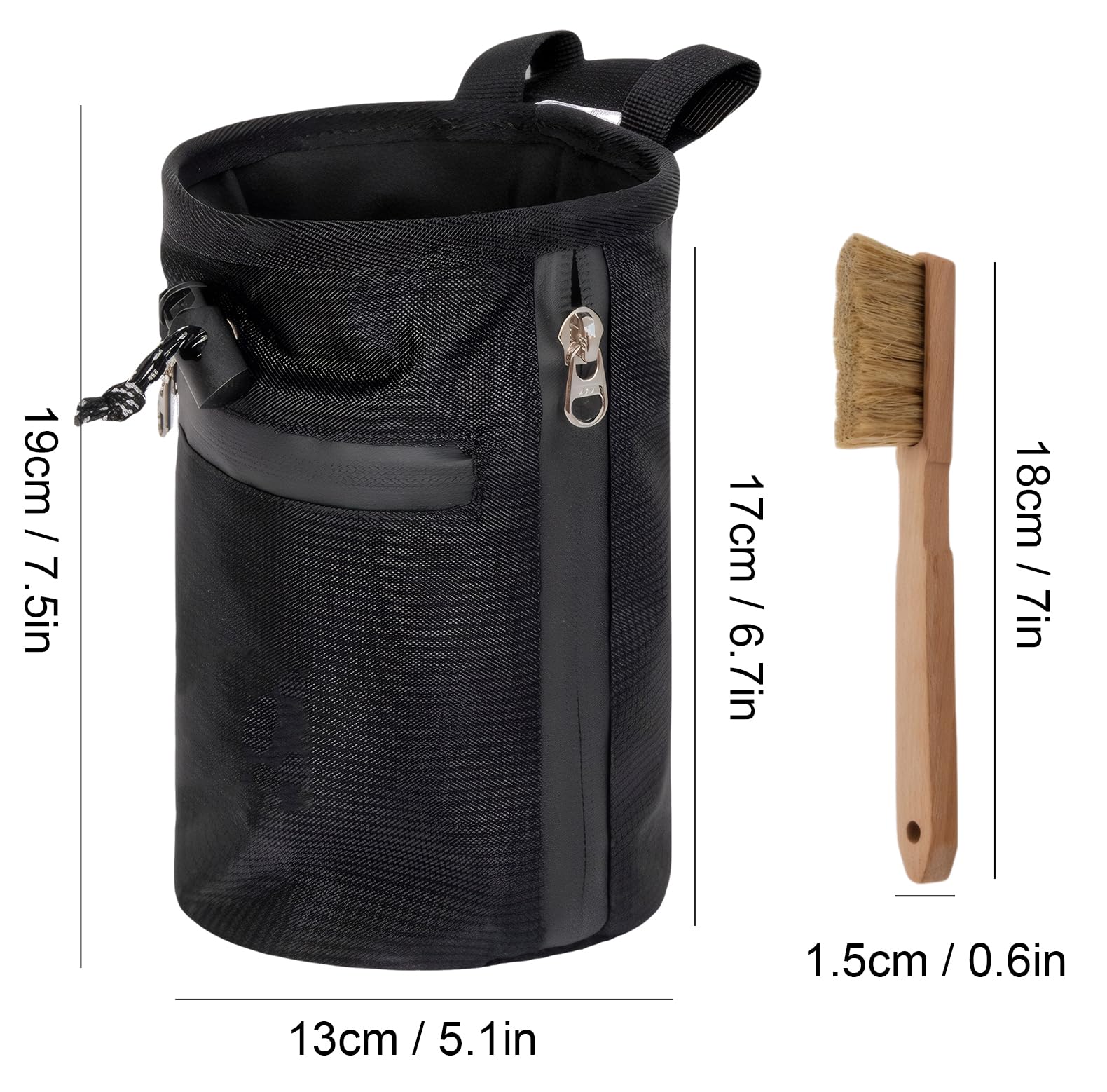 Sac Magnésie Escalade, 13x19cm, Sac de Craie avec Brosse, Imperméable 420D Oxford Sac Poudre de Magnésium avec 2 Poches Fermeture Éclair et Ceinture Réglable Clip Rapide, pour Haltérophilie Fitness
