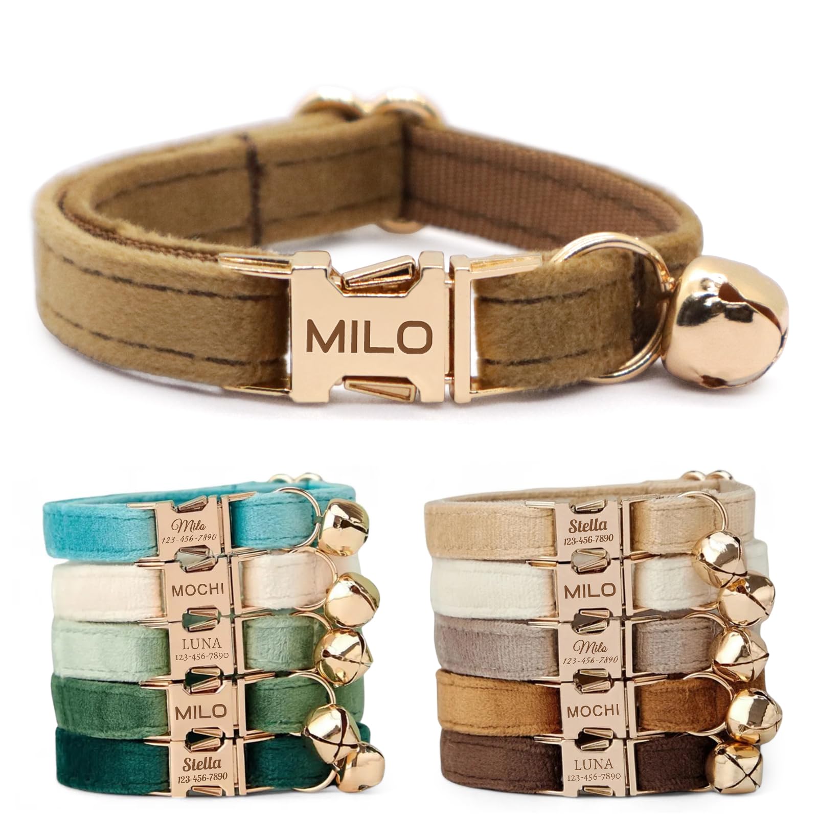CHRYMPETIC Non-Breakaway Velvet Personalised Cat Collar with Name - Customisable Collar with Bell & Bow Tie Available (Tan) โ image 1