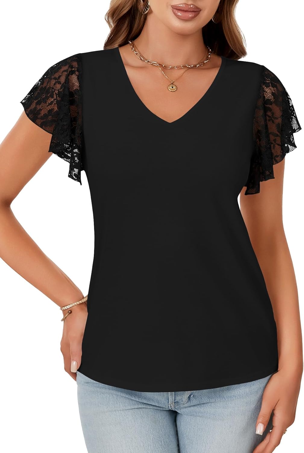 Vrtige Women's Contrast Lace Short Sleeve V Neck Work Office Casual Blouse Shirt Top - Image 2