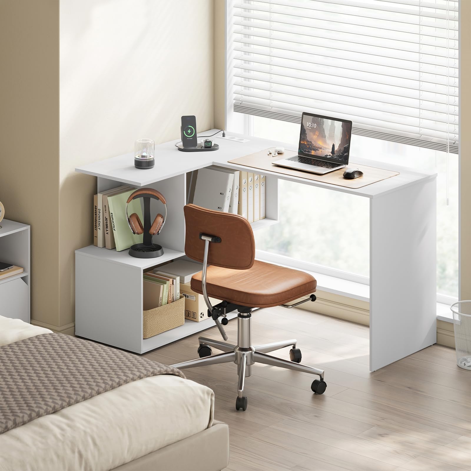 WOLTU Eckschreibtisch mit Regal, Schreibtisch L Form aus Holz, mit 2 Steckdosen, 120x100x75 cm, für Büro Schlafzimmer Arbeitszimmer, Weiß