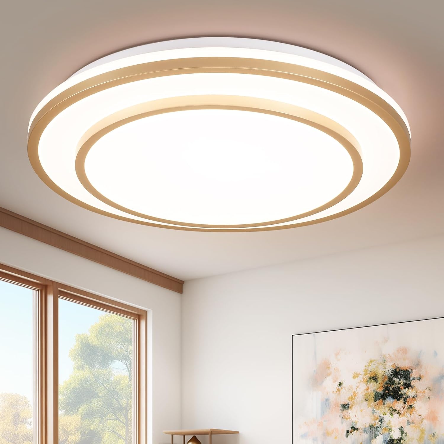 Gold LED Light Fixtures Ceiling Mount 5CCT, Dimmable Flush Mount Ceiling Light Fixture 16" 24W, Modern Simple Overhead Ceiling Light Fixture Round for Living Room, Foyer, Kitchen, Bedroom